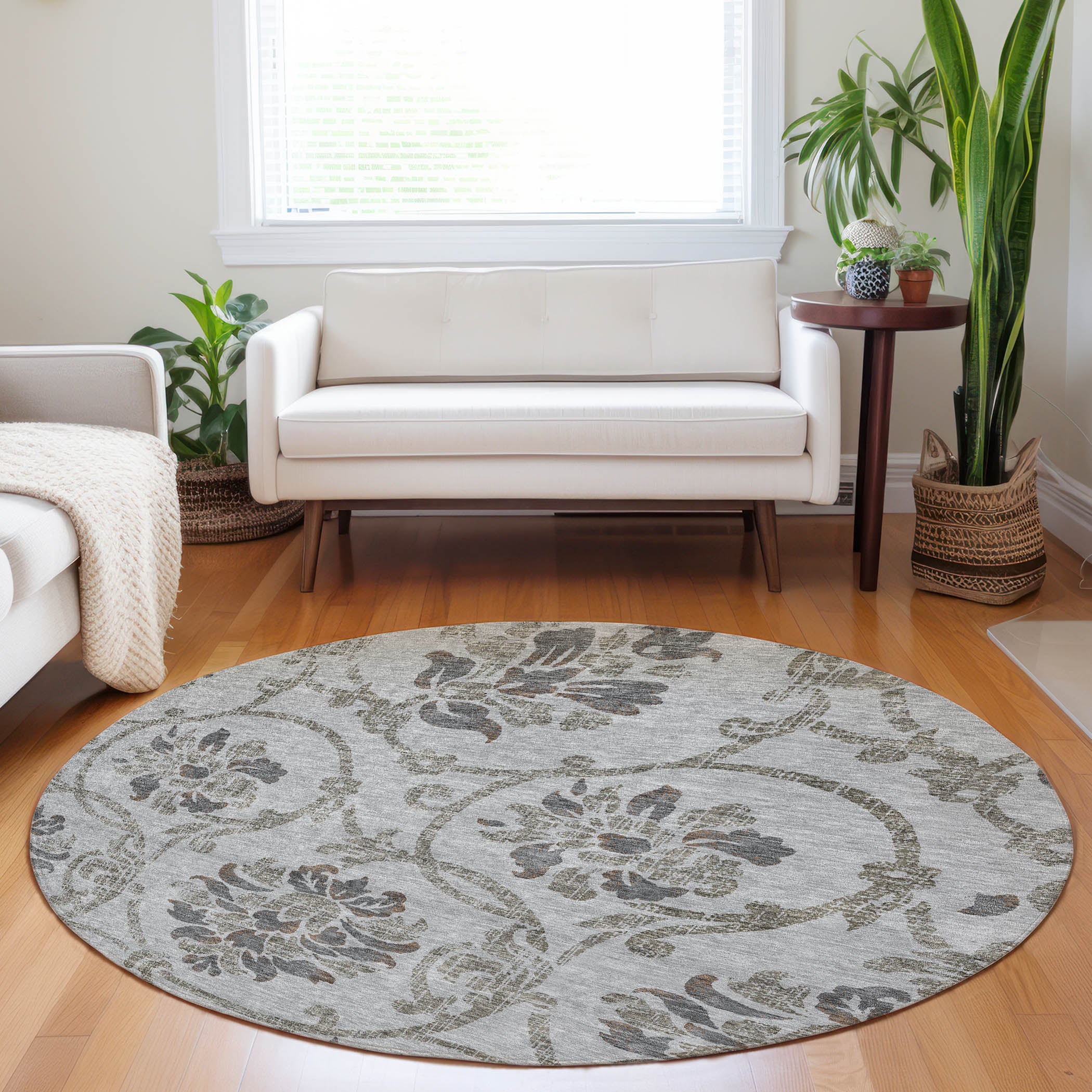 Kathmandu Machine Washable Traditional Gray Rug 8' x 8' #shape_Round