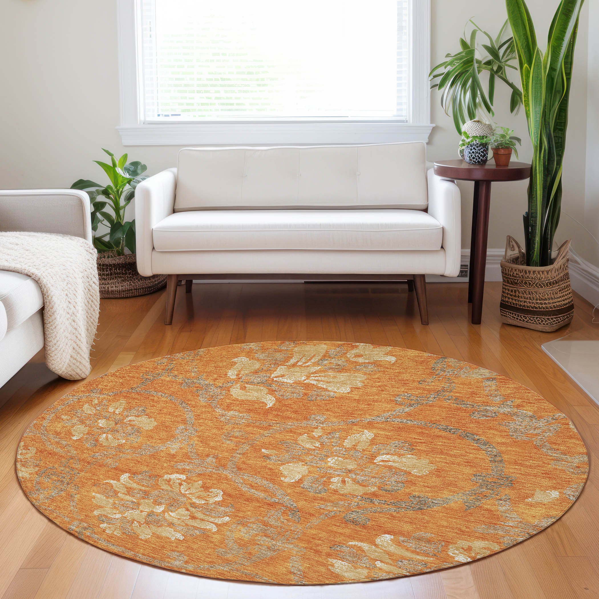 Kathmandu Machine Washable Traditional Orange Rug 8' x 8' #shape_Round