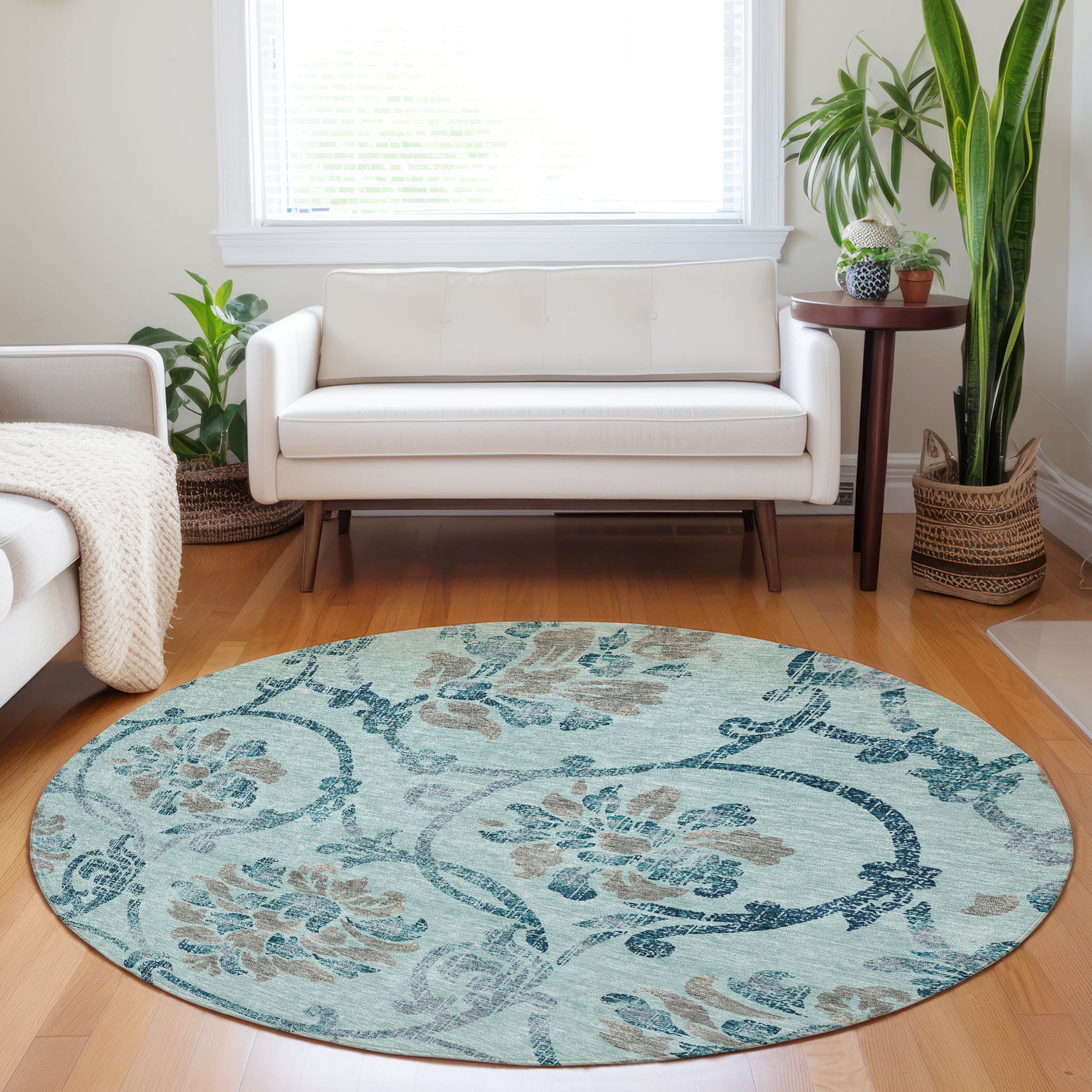 Kathmandu Machine Washable Traditional Teal Rug 8' x 8' #shape_Round