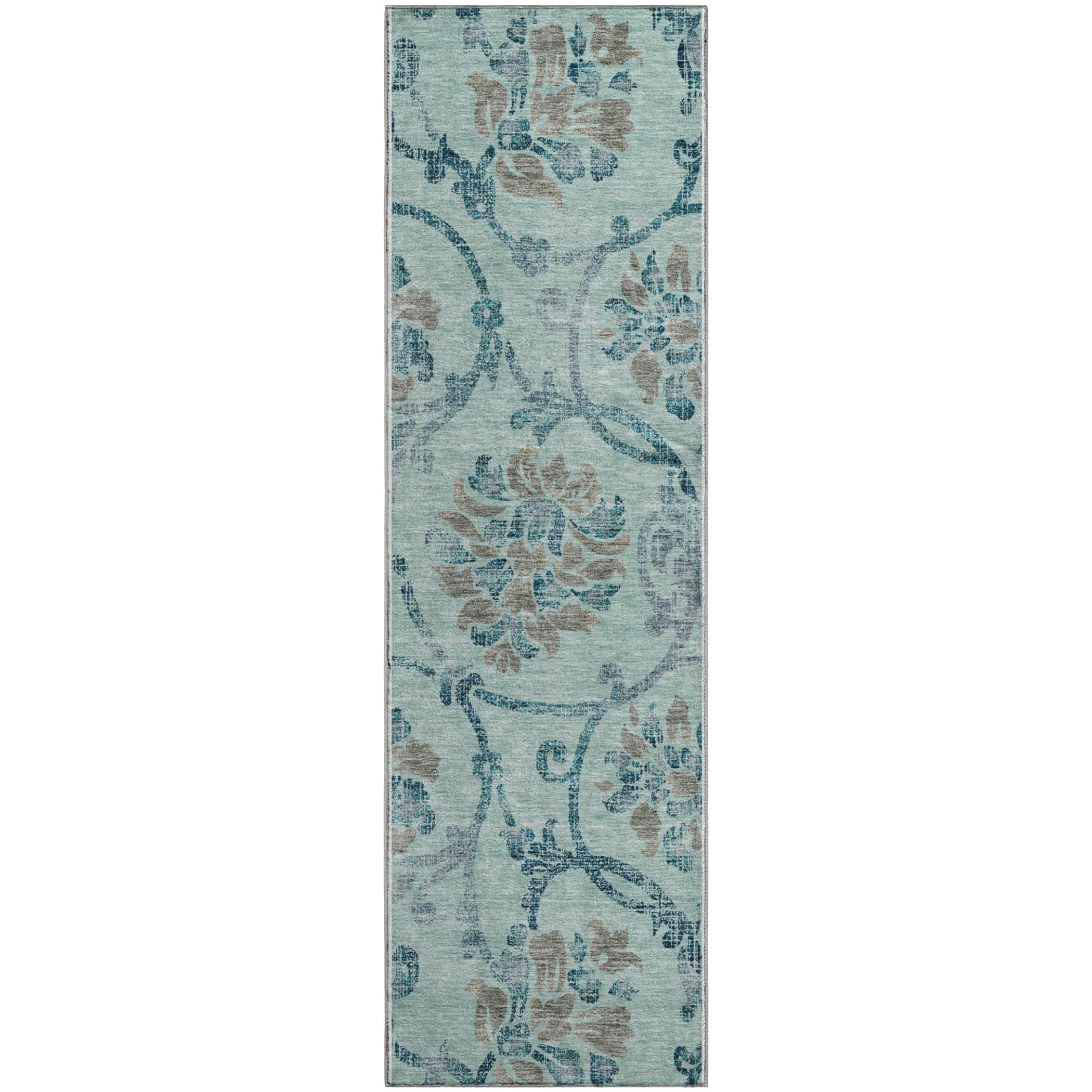 Kathmandu Machine Washable Traditional Teal Rug 2'3" x 7'6" #shape_Runner