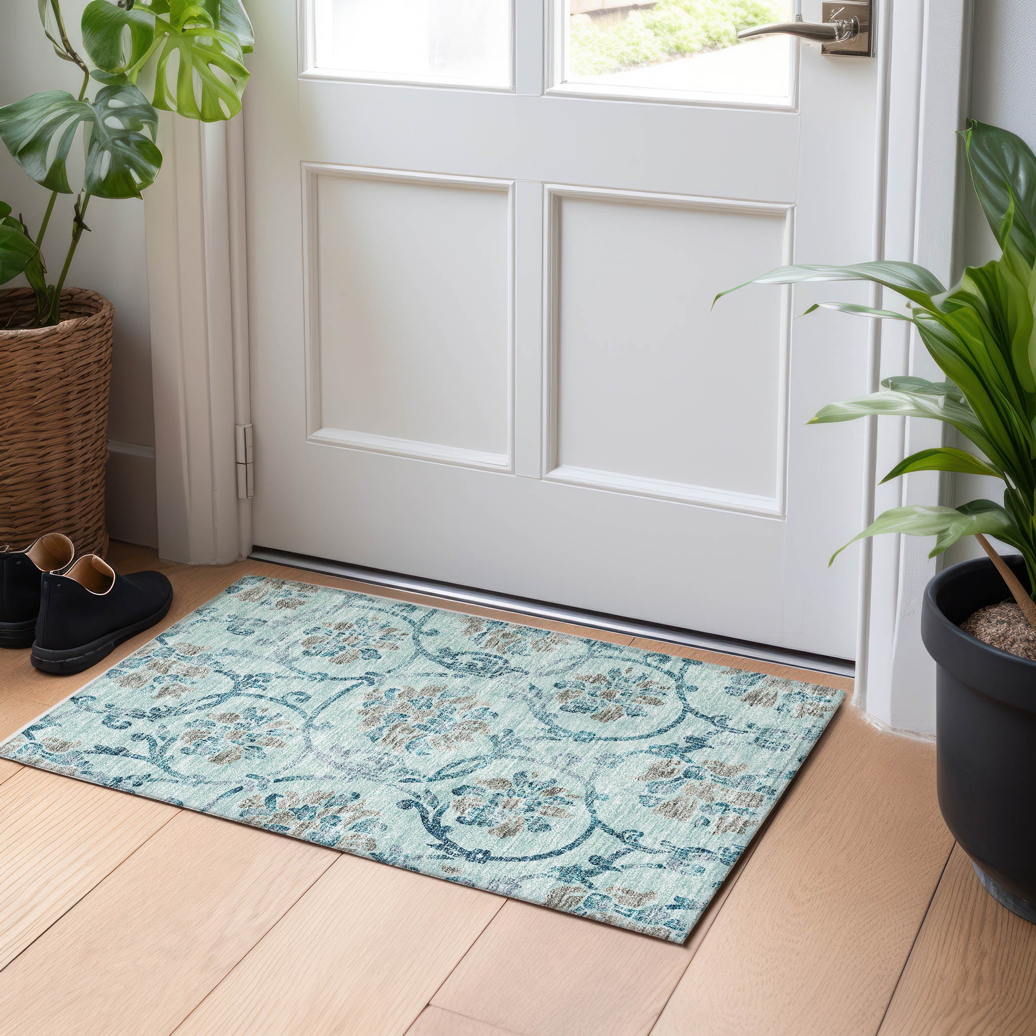 Kathmandu Machine Washable Traditional Teal Rug 1'8" x 2'6" #shape_Rectangle