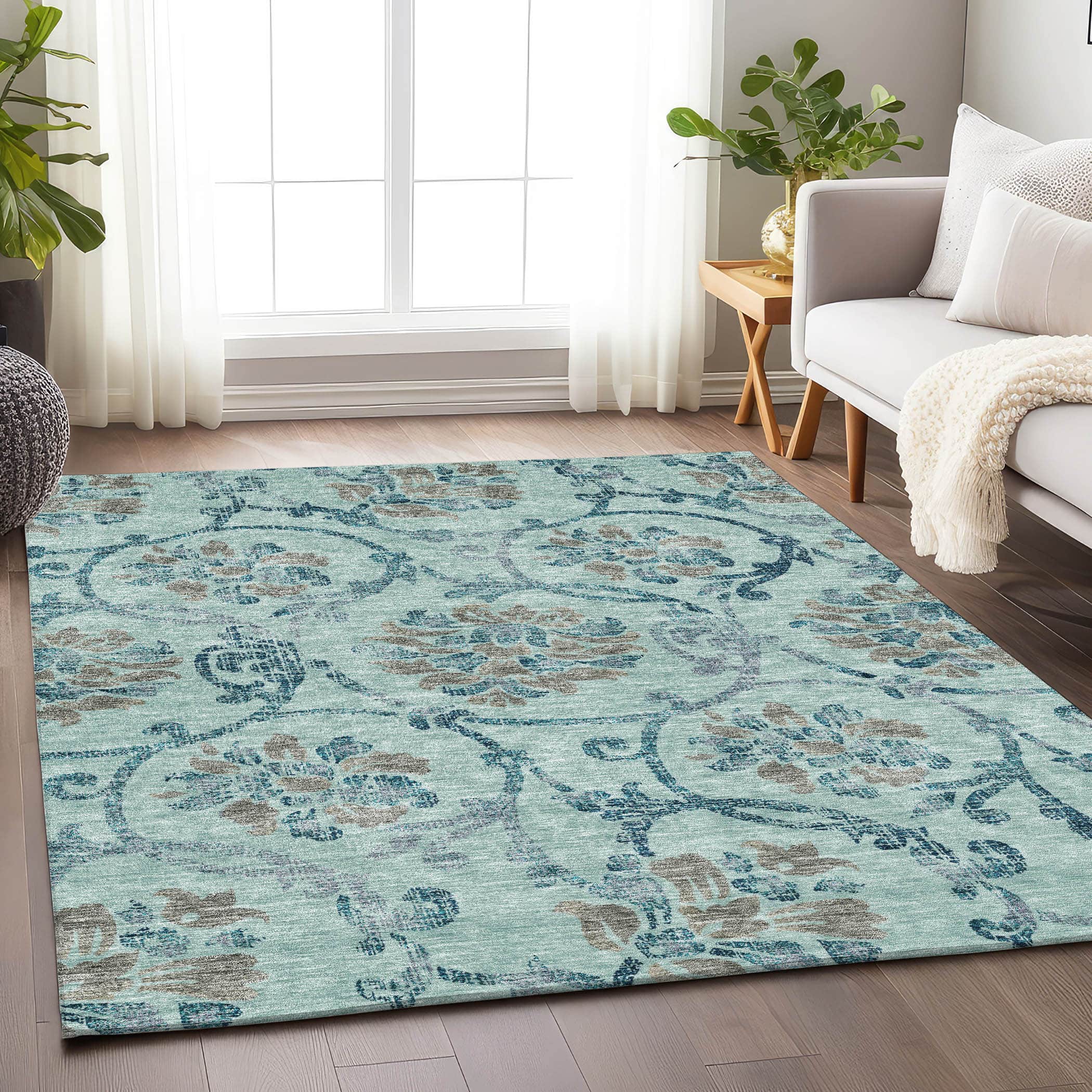 Kathmandu Machine Washable Traditional Teal Rug 2'6" x 3'10" #shape_Rectangle