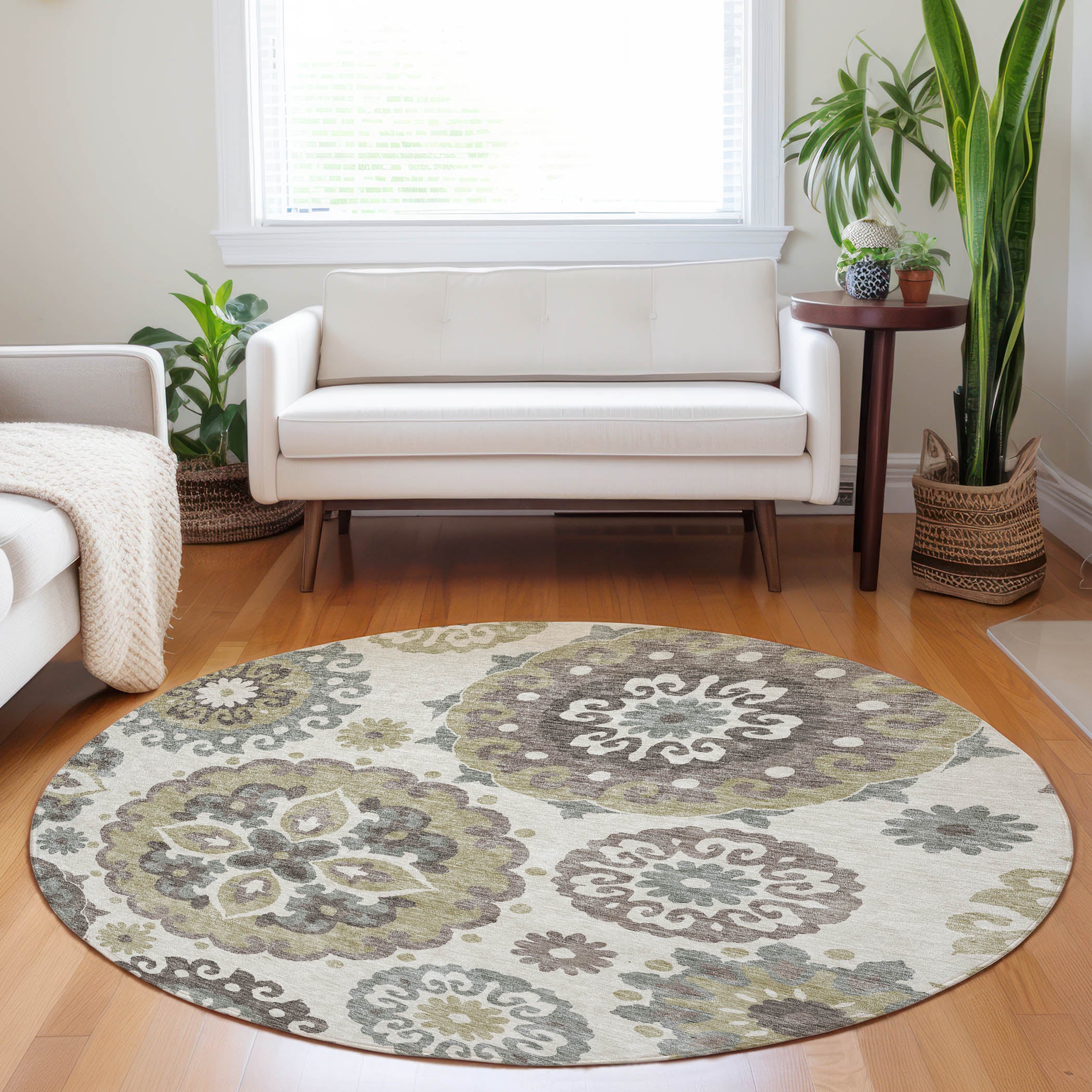 Mdina Machine Washable Transitional Beige Brown Rug 8' x 8' #shape_Round