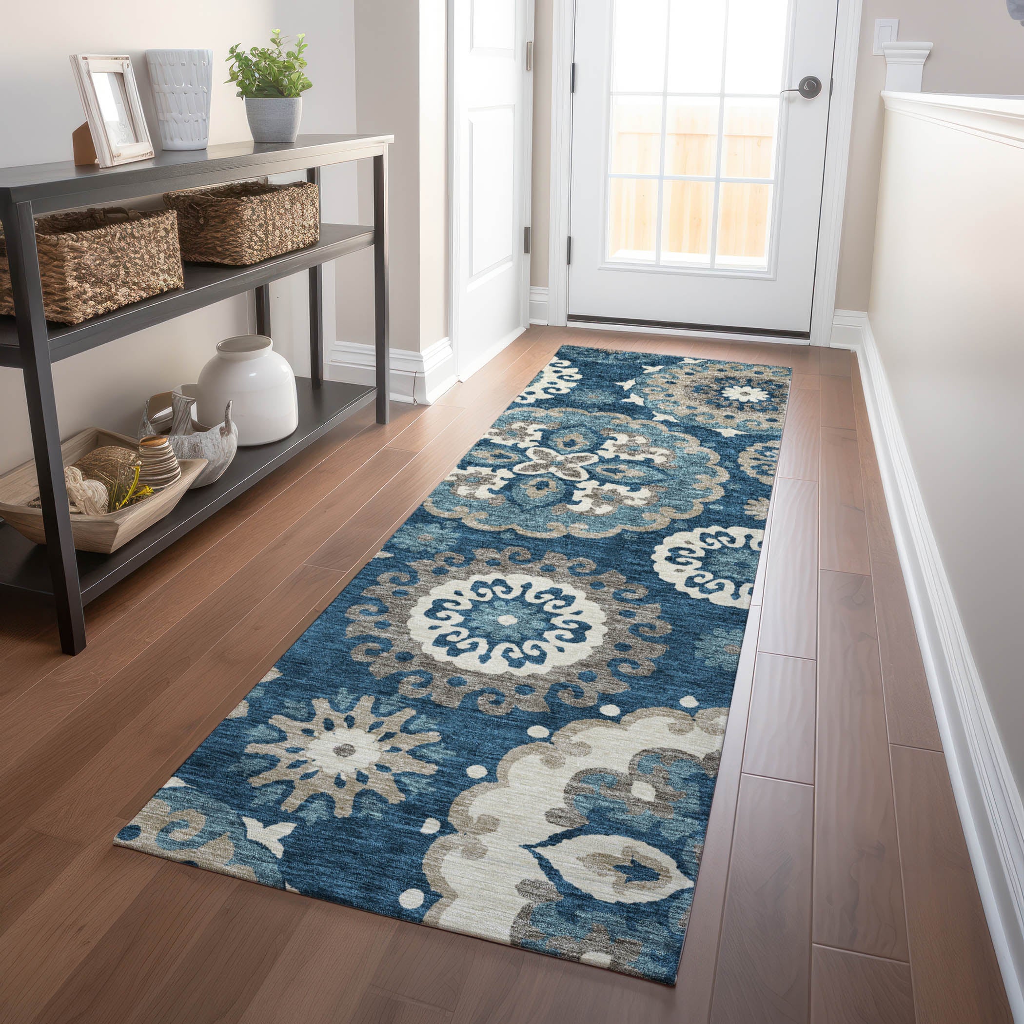 Mdina Machine Washable Transitional Blue Rug 2'3" x 7'6" #shape_Runner
