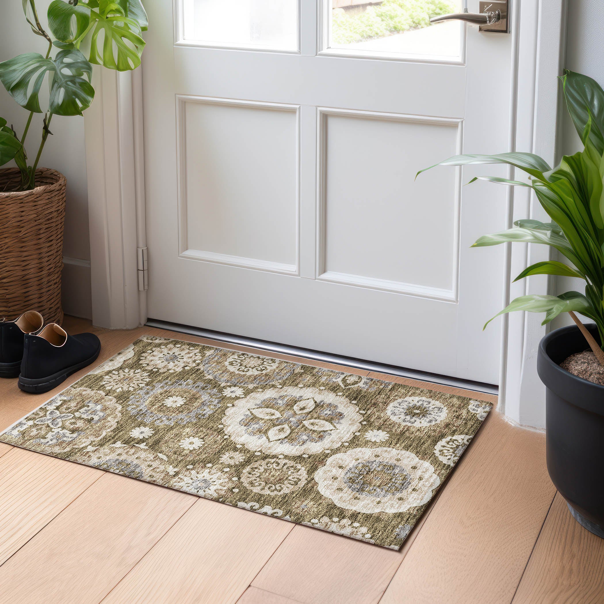 Mdina Machine Washable Transitional Brown Rug 1'8" x 2'6" #shape_Rectangle