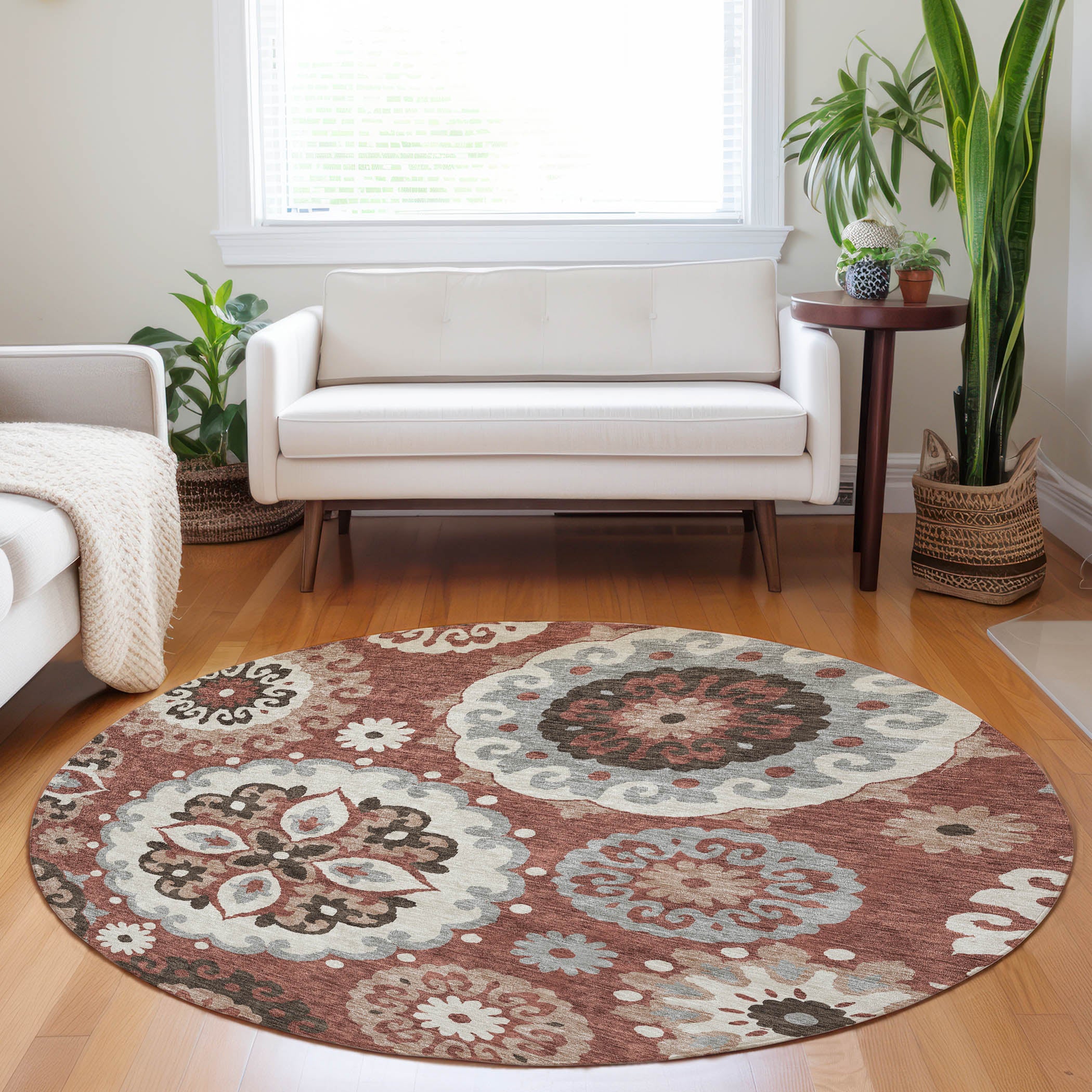 Mdina Machine Washable Transitional Paprika Orange Rug 8' x 8' #shape_Round