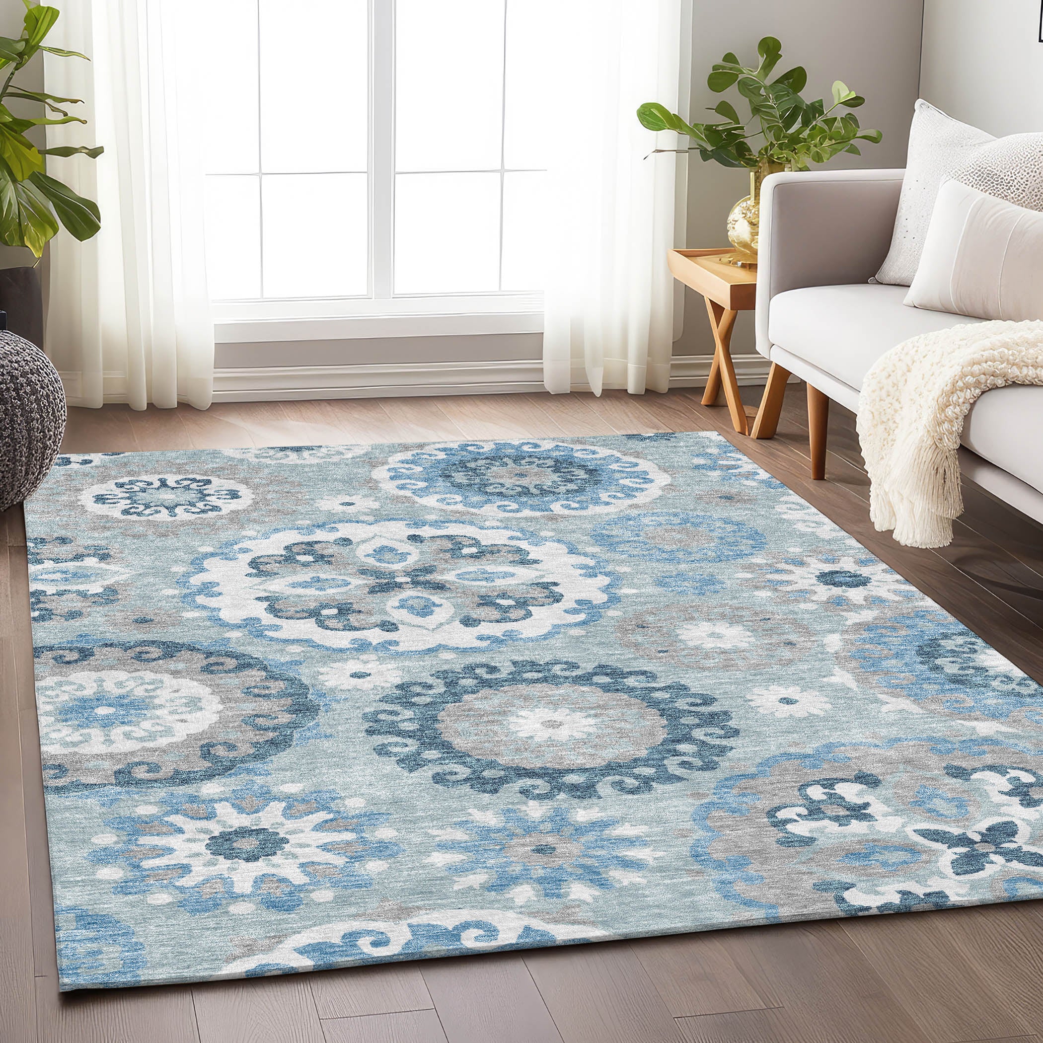 Mdina Machine Washable Transitional Sky Blue Rug 2'6" x 3'10" #shape_Rectangle