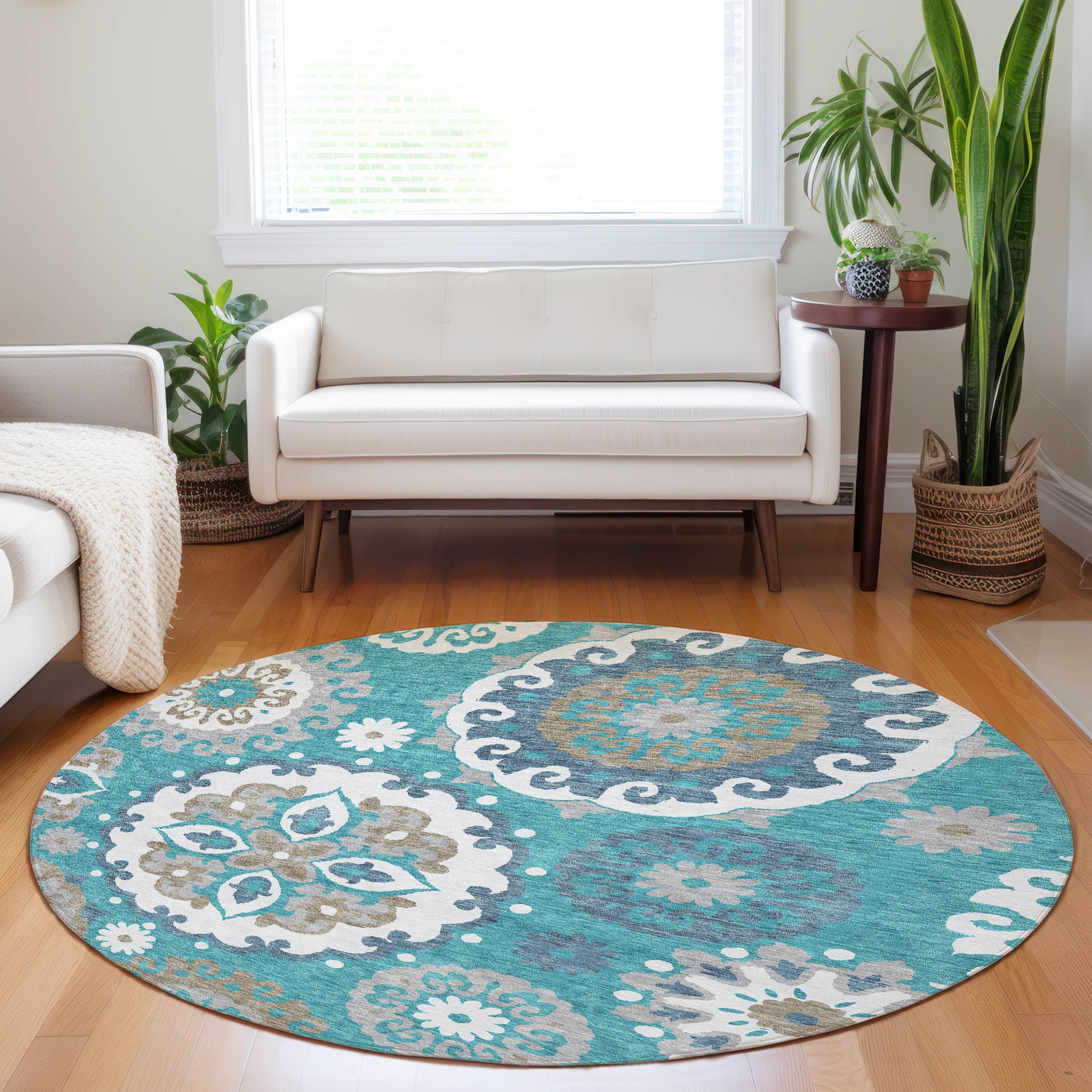 Mdina Machine Washable Transitional Teal Rug 8' x 8' #shape_Round