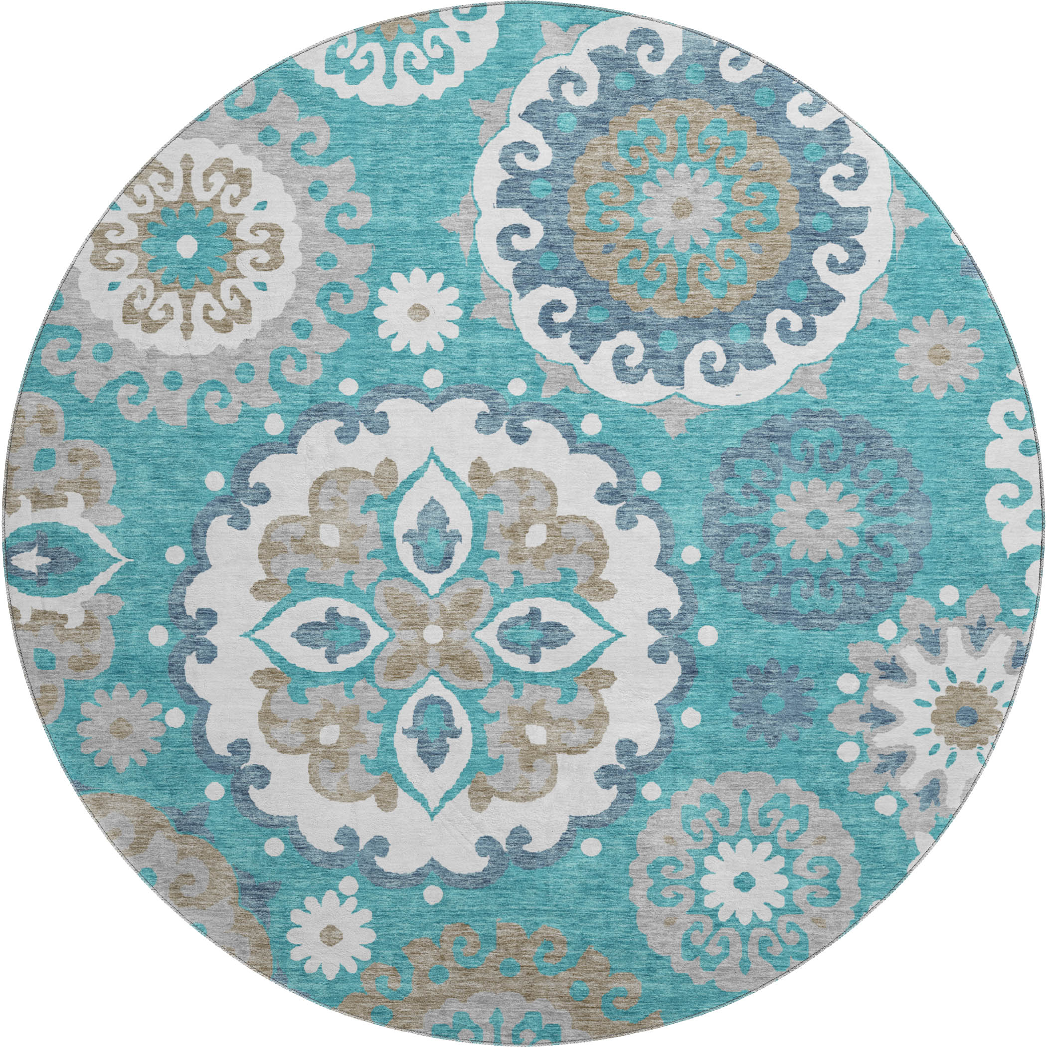 Mdina Machine Washable Transitional Teal Rug 8' x 8' #shape_Round
