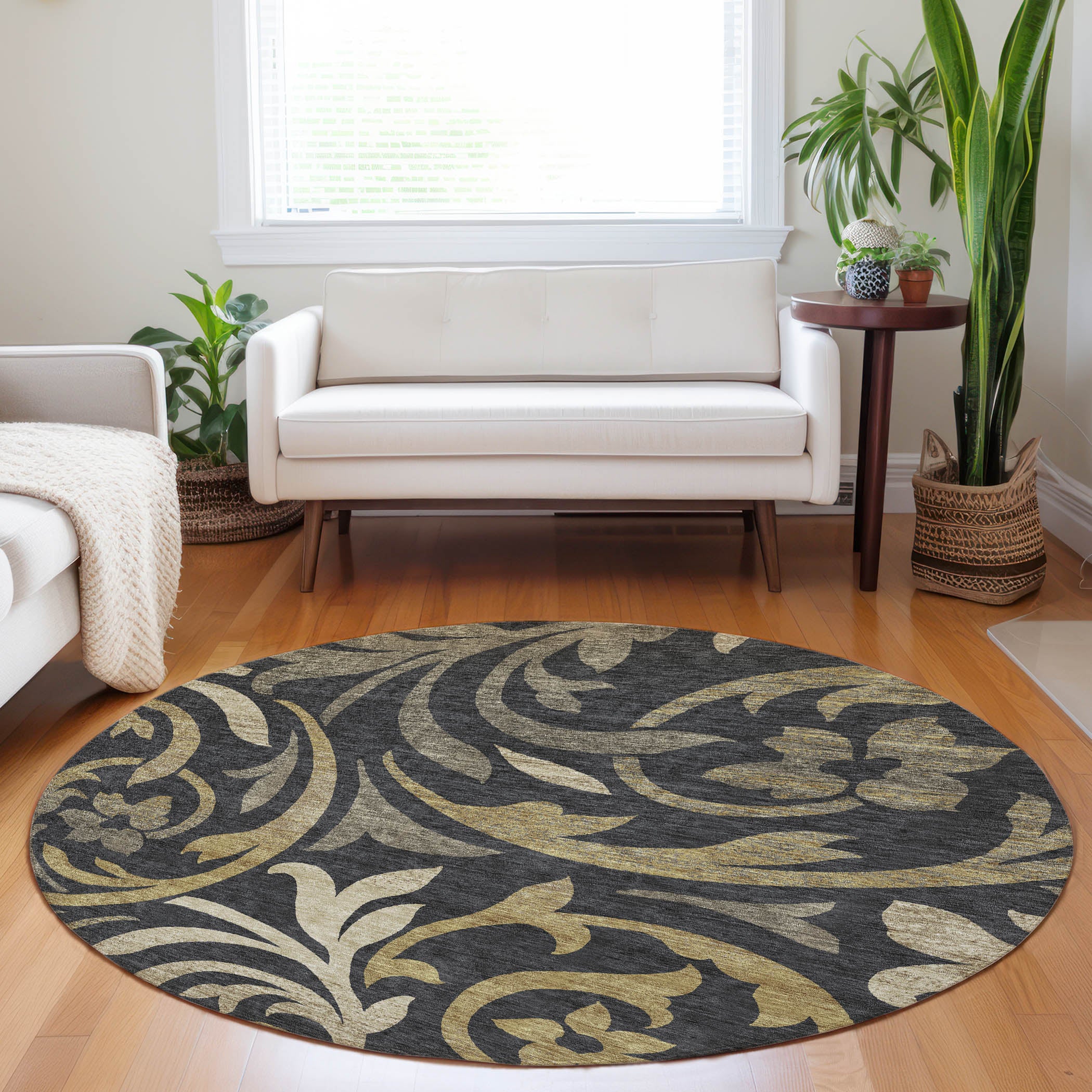 Salzburg Machine Washable Transitional Black Rug 8' x 8' #shape_Round