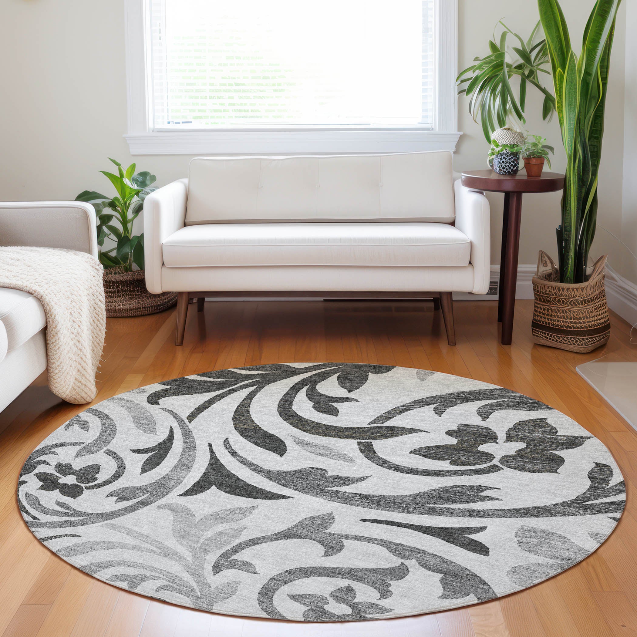 Salzburg Machine Washable Transitional Gray Rug 8' x 8' #shape_Round
