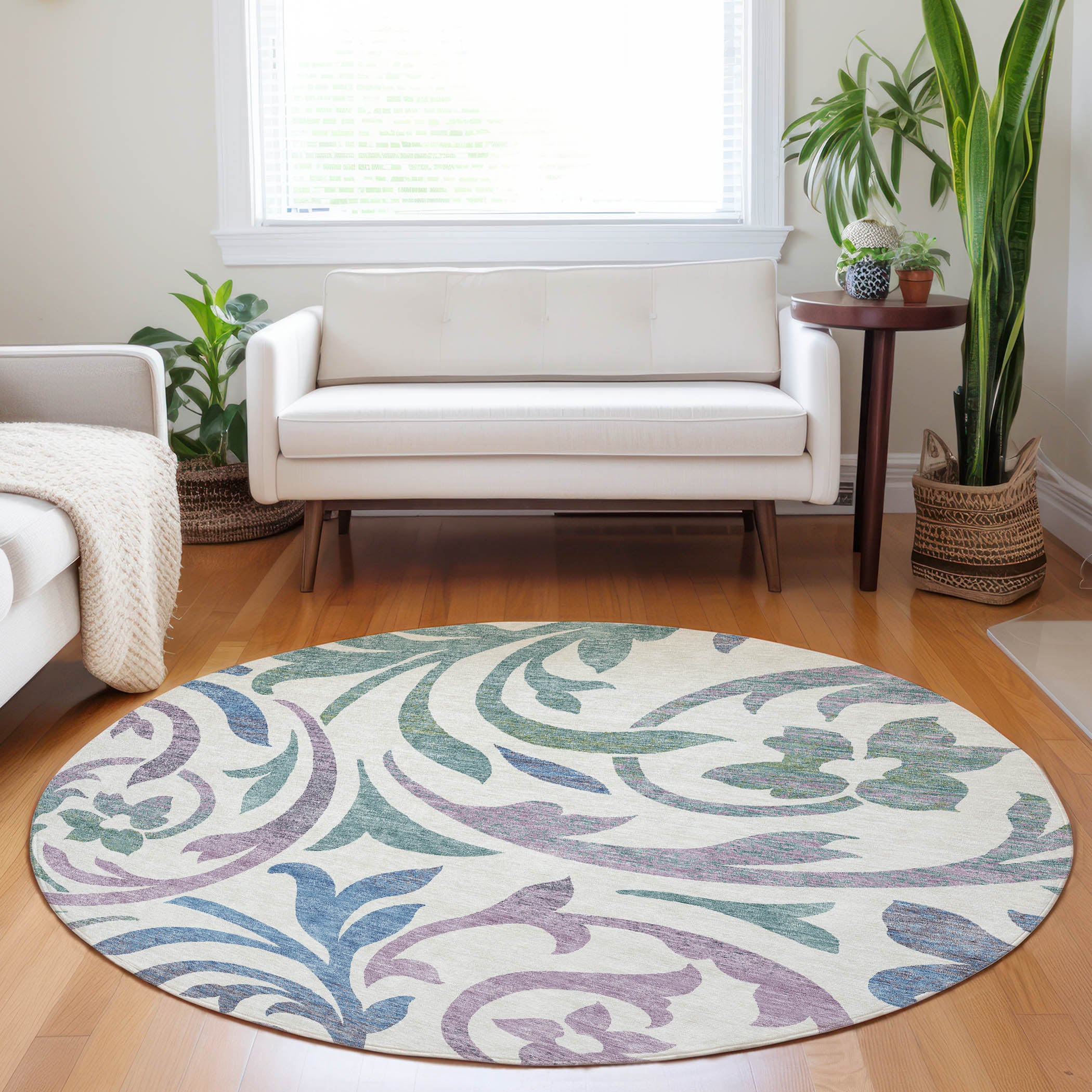 Salzburg Machine Washable Transitional White Ivory Rug 8' x 8' #shape_Round
