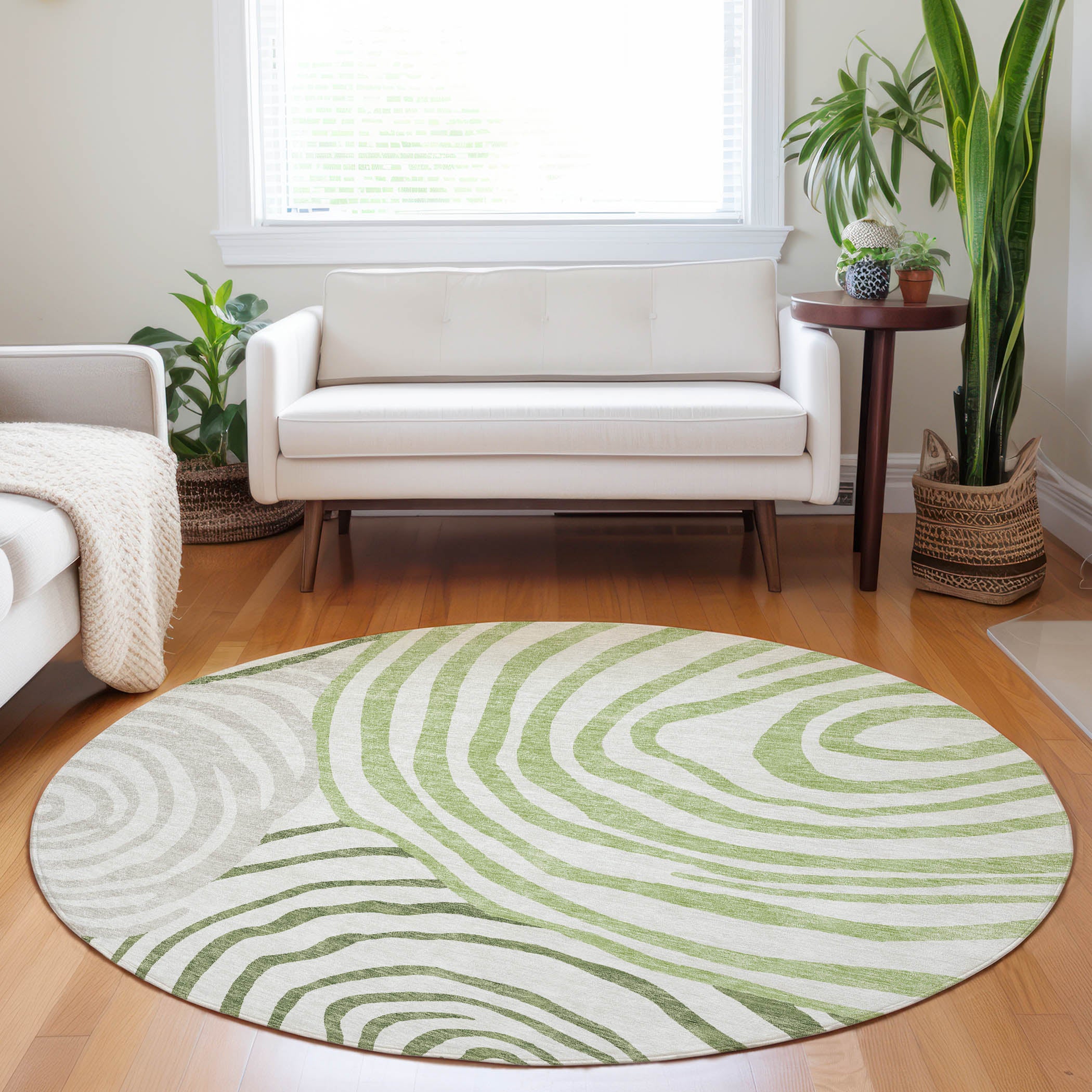 Chiang Mai Machine Washable Transitional Green Rug 8' x 8' #shape_Round