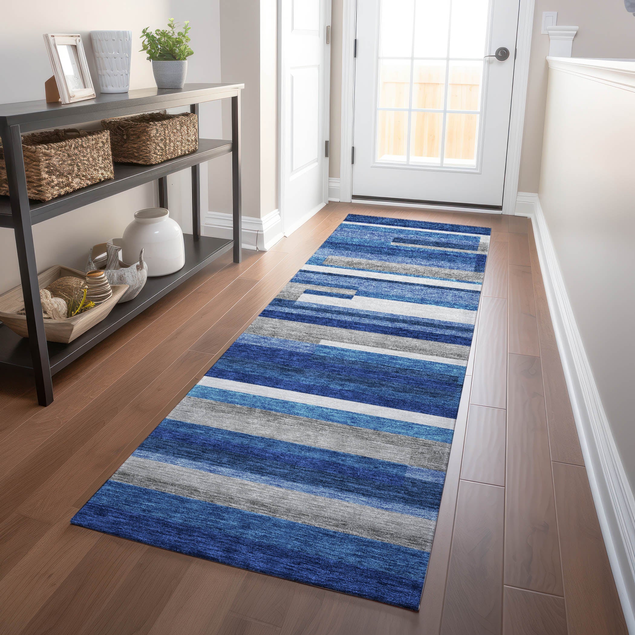 Bruges Machine Washable Transitional Blue Rug 2'3" x 7'6" #shape_Runner
