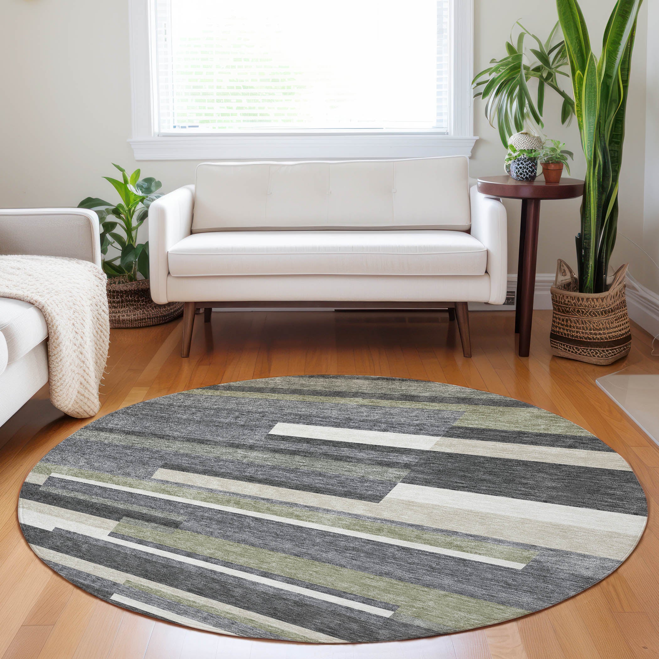Bruges Machine Washable Transitional Charcoal Gray Rug 8' x 8' #shape_Round
