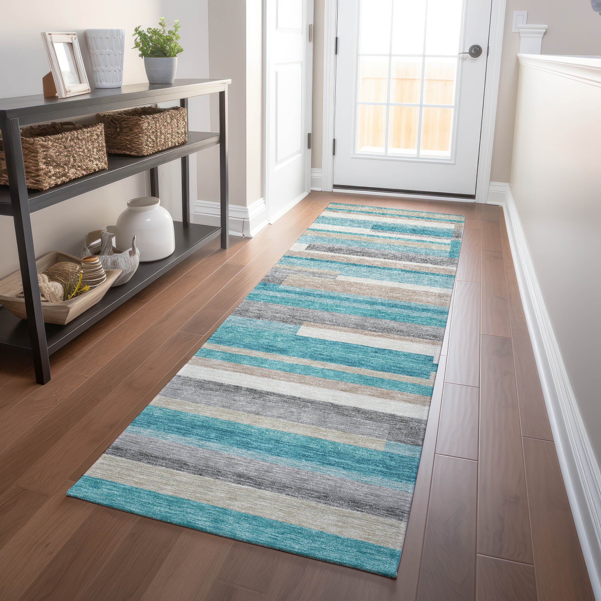 Bruges Machine Washable Transitional Teal Rug 2'3" x 7'6" #shape_Runner