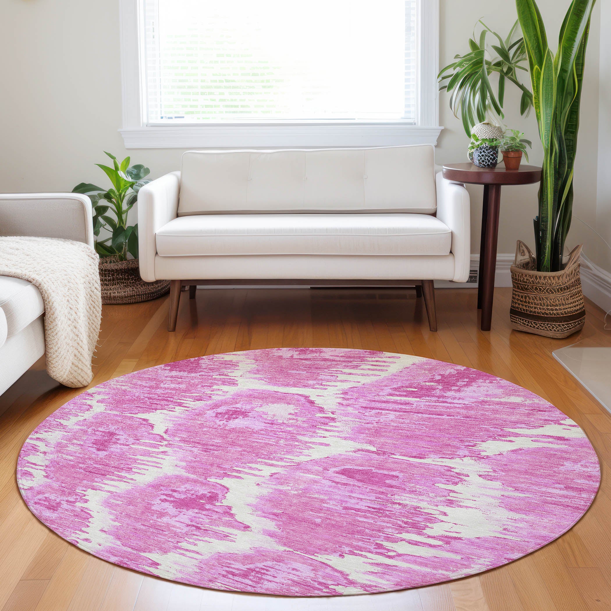 Oslo Machine Washable Transitional Pink Rug 8' x 8' #shape_Round