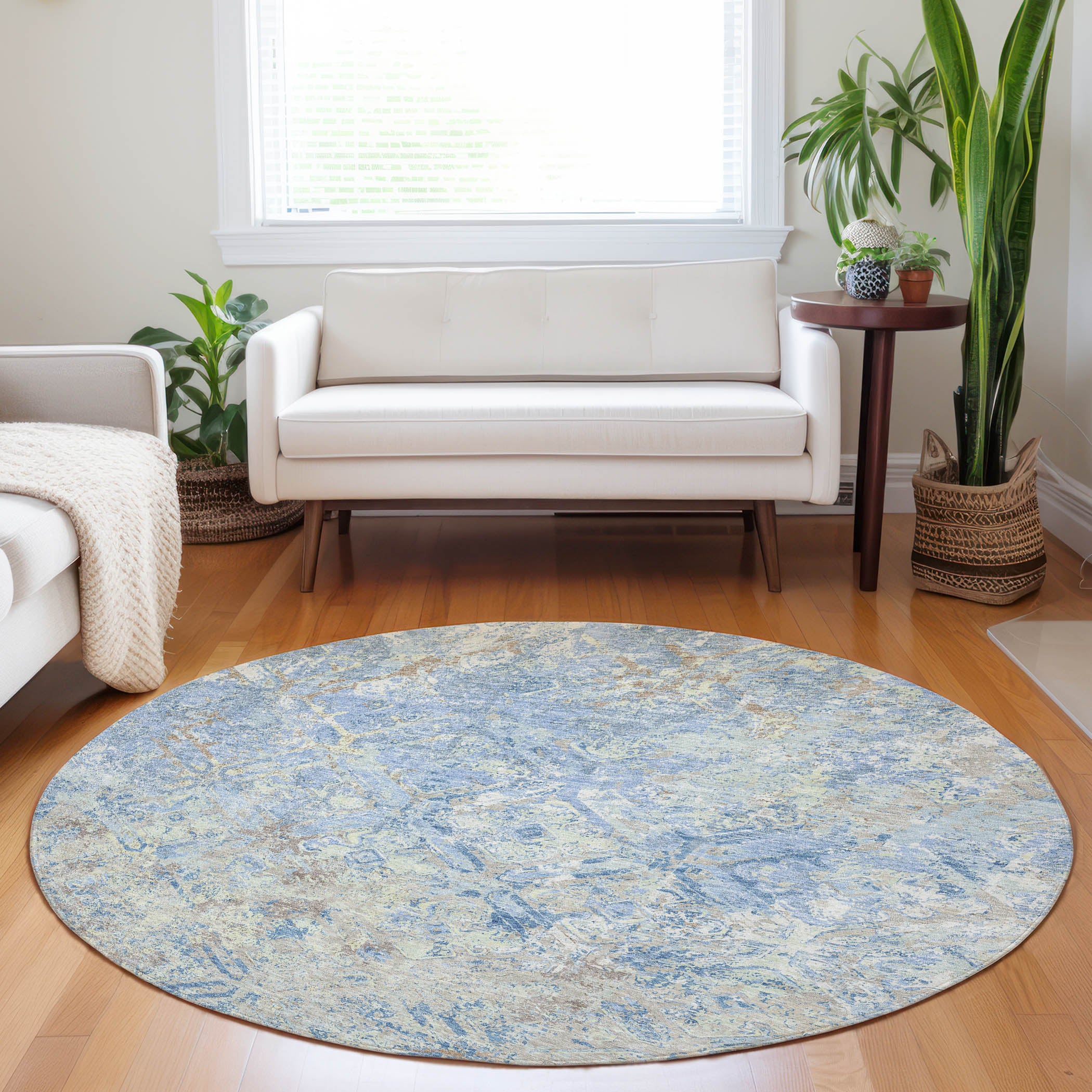 Cairo Machine Washable Transitional Sky Blue Rug 8' x 8' #shape_Round
