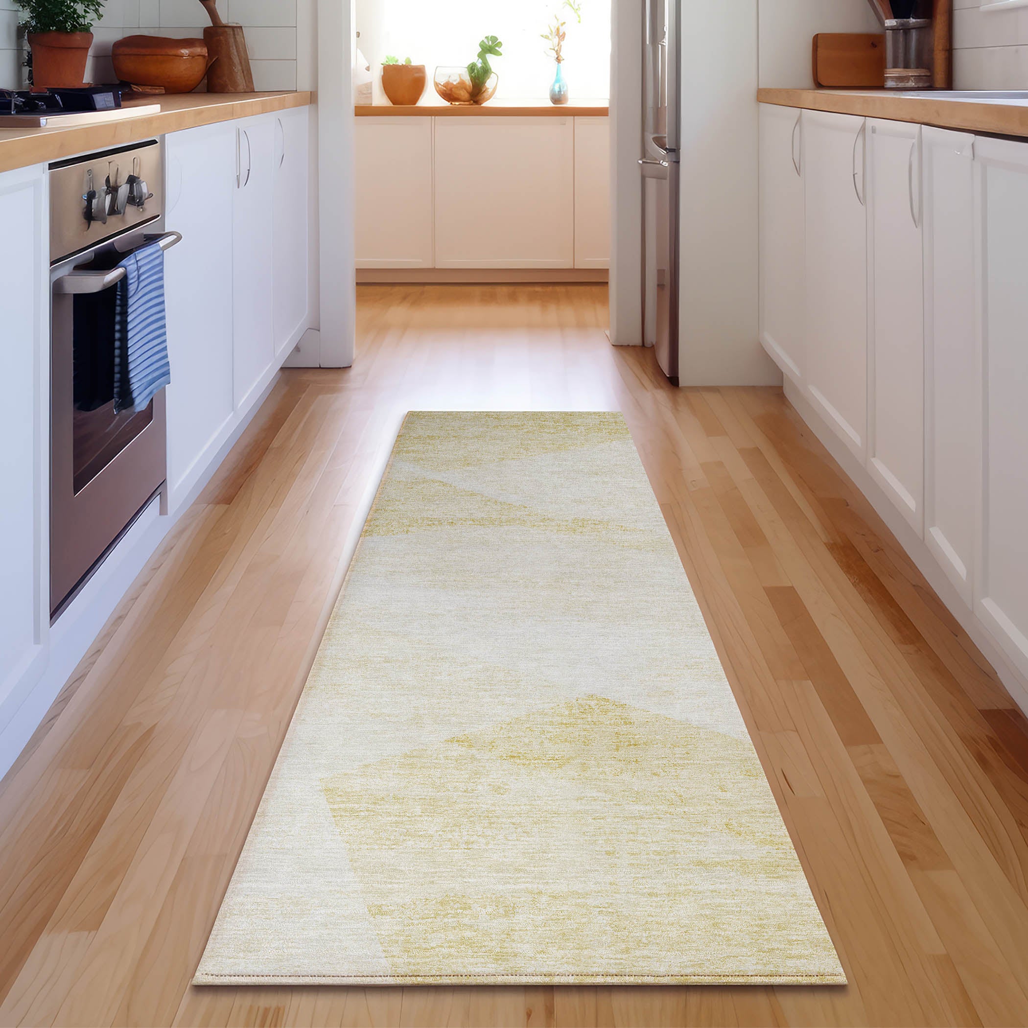 Bangkok Machine Washable Transitional Gold Rug 2'3" x 7'6" #shape_Runner