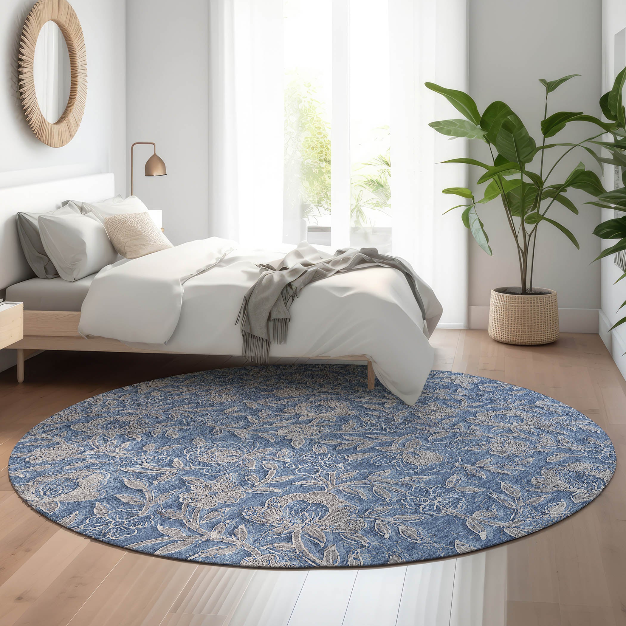 Porto Machine Washable Transitional Denim Blue Rug 8' x 8' #shape_Round