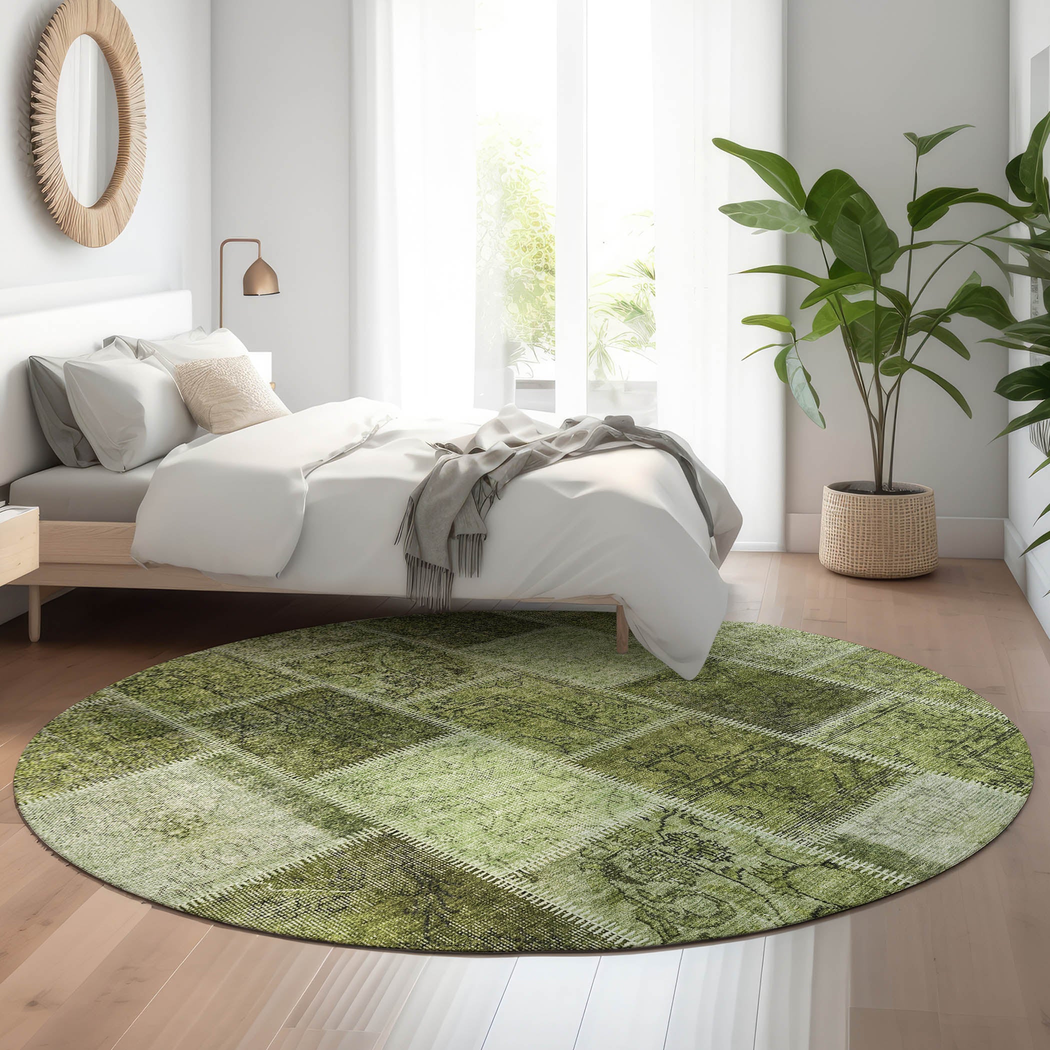 Istanbul Machine Washable Transitional Olive Green Rug 8' x 8' #shape_Round