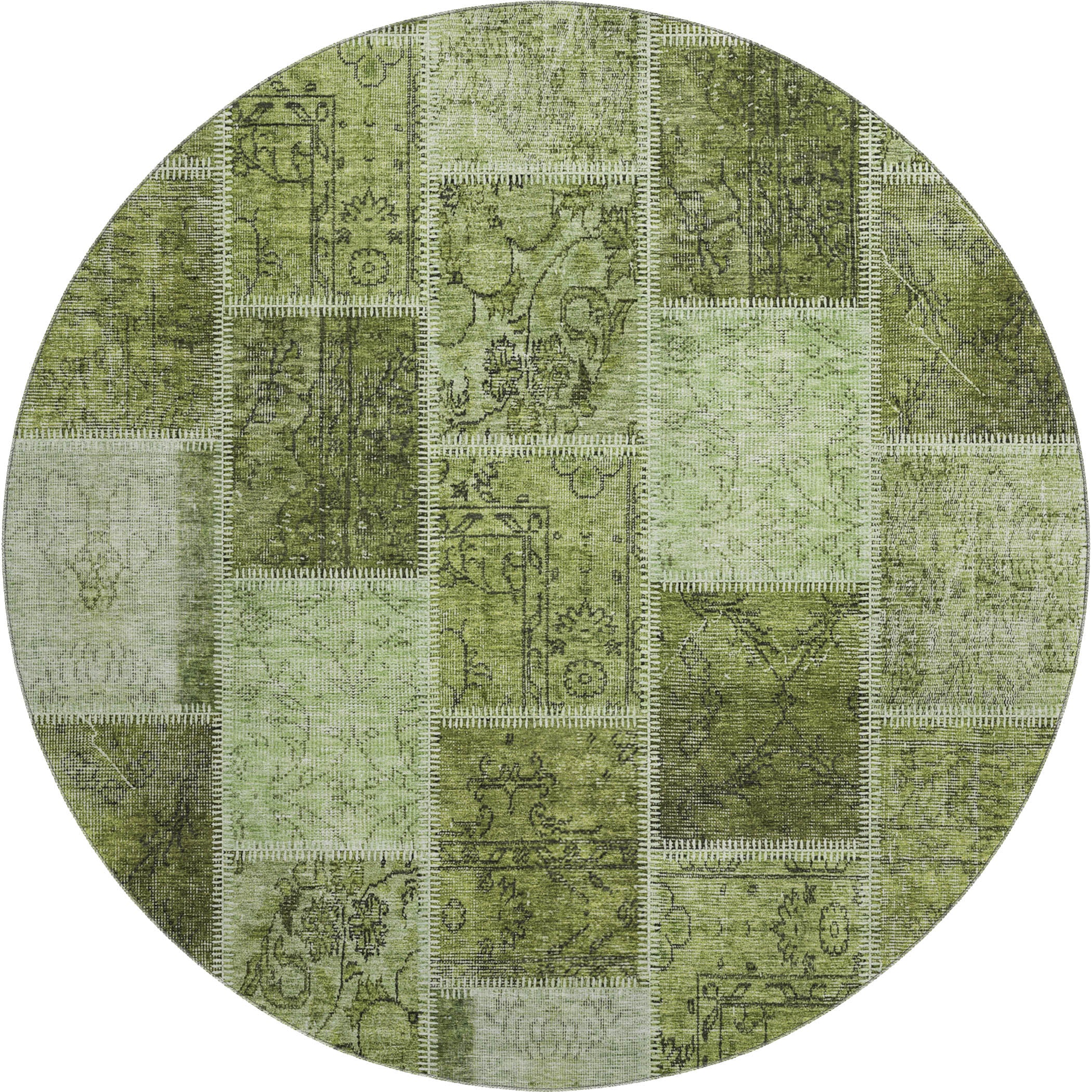 Istanbul Machine Washable Transitional Olive Green Rug 8' x 8' #shape_Round