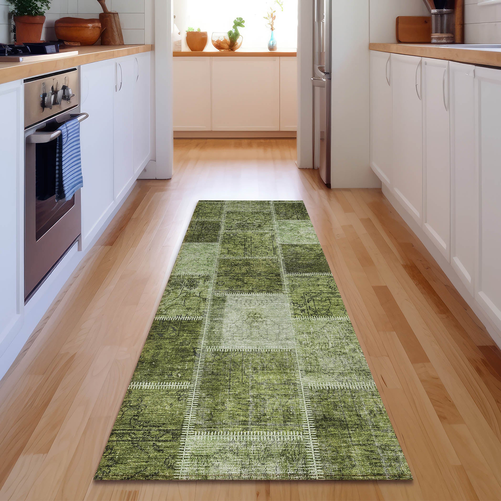 Istanbul Machine Washable Transitional Olive Green Rug 2'3" x 7'6" #shape_Runner