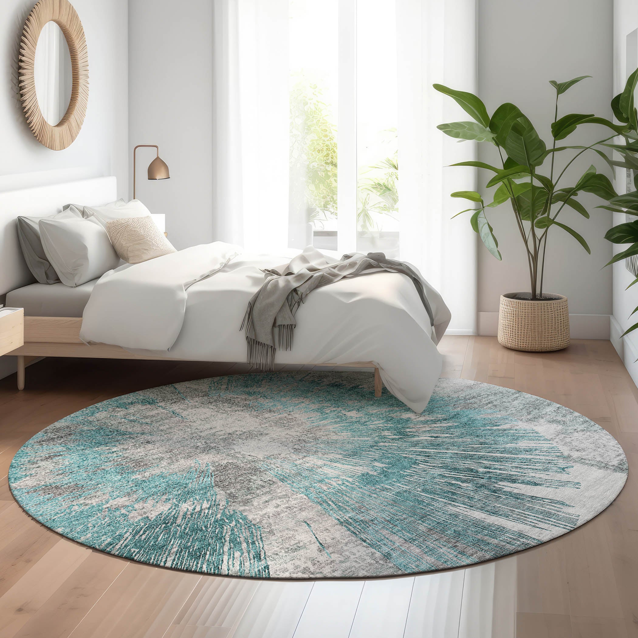 Havana Machine Washable Transitional Teal Rug 8' x 8' #shape_Round