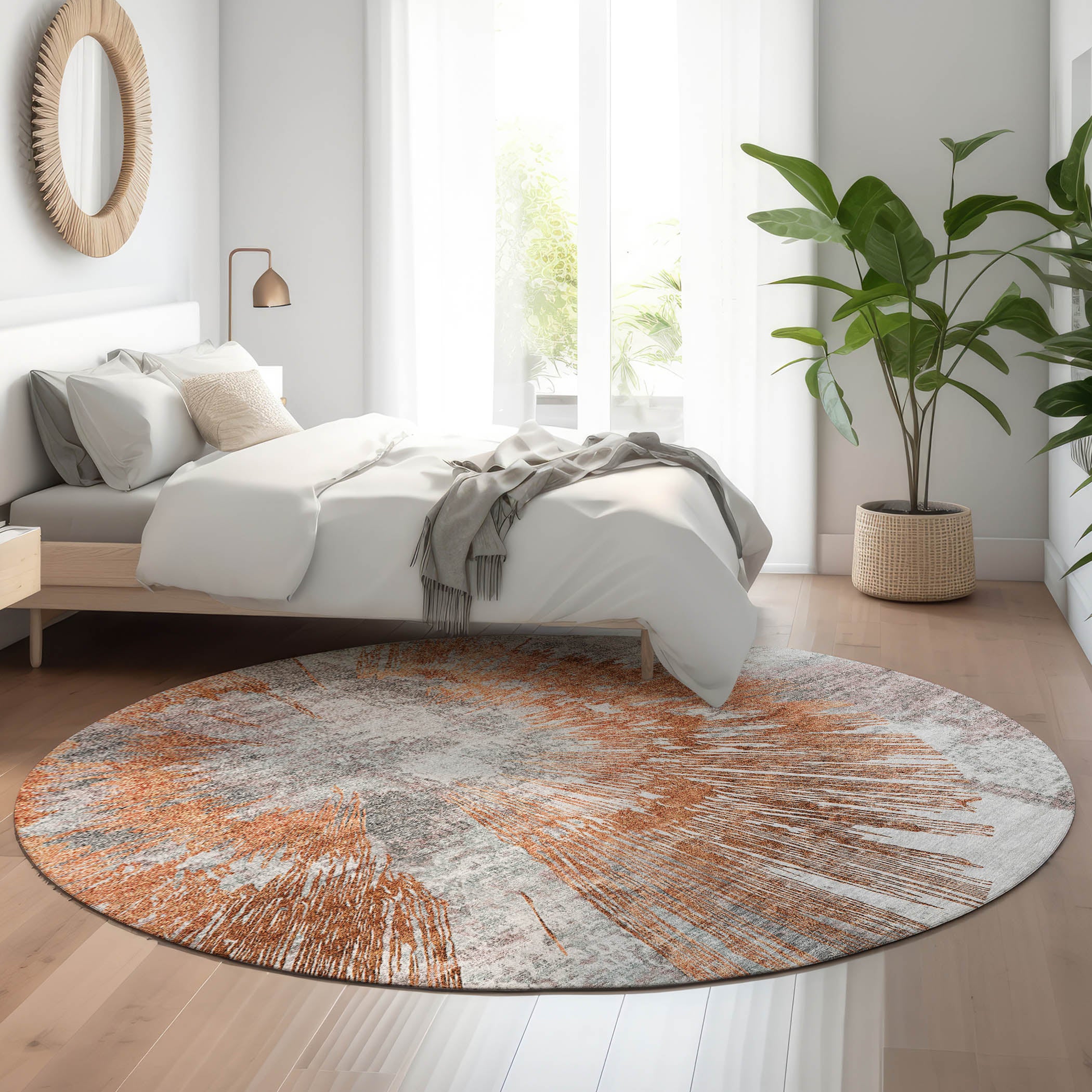 Havana Machine Washable Transitional Terracotta Orange Rug 8' x 8' #shape_Round