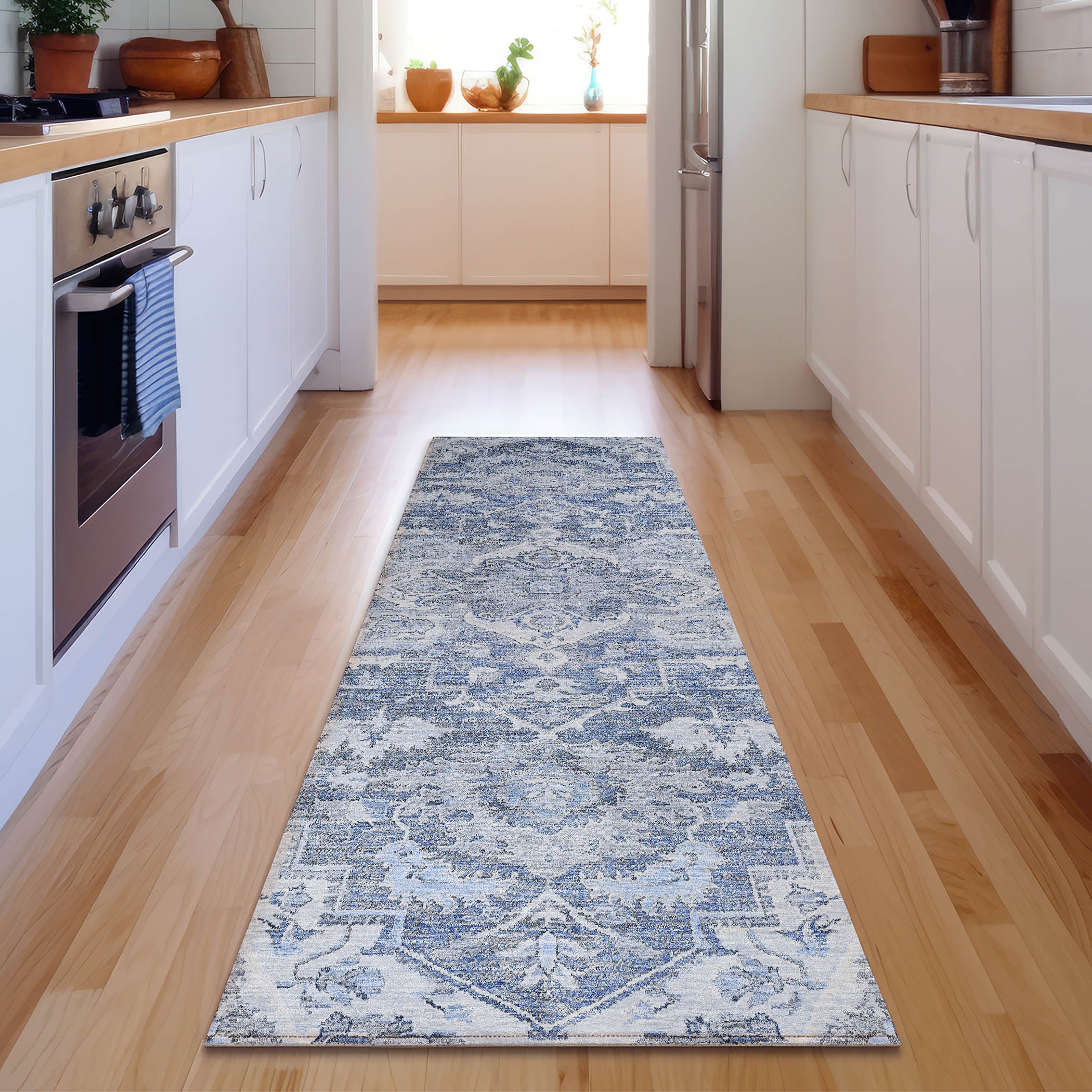 Zanzibar Machine Washable Traditional Denim Blue Rug 2'3" x 7'6" #shape_Runner