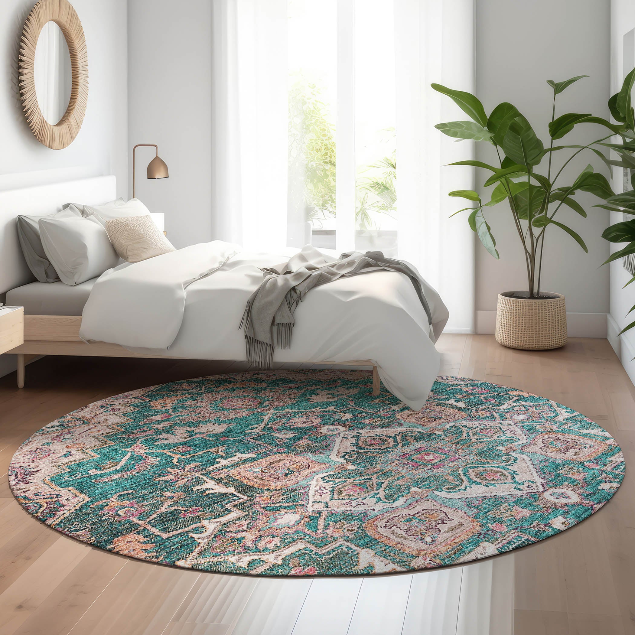 Zanzibar Machine Washable Traditional Emerald Green Rug 8' x 8' #shape_Round