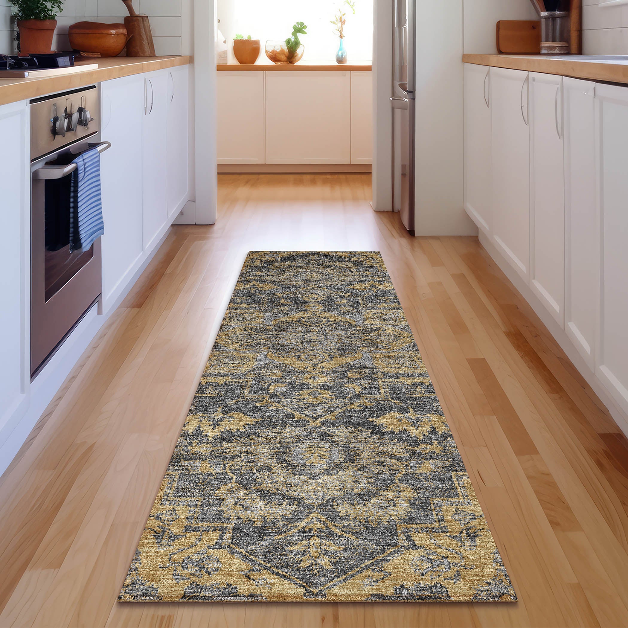 Zanzibar Machine Washable Traditional Gray Rug 2'3" x 7'6" #shape_Runner