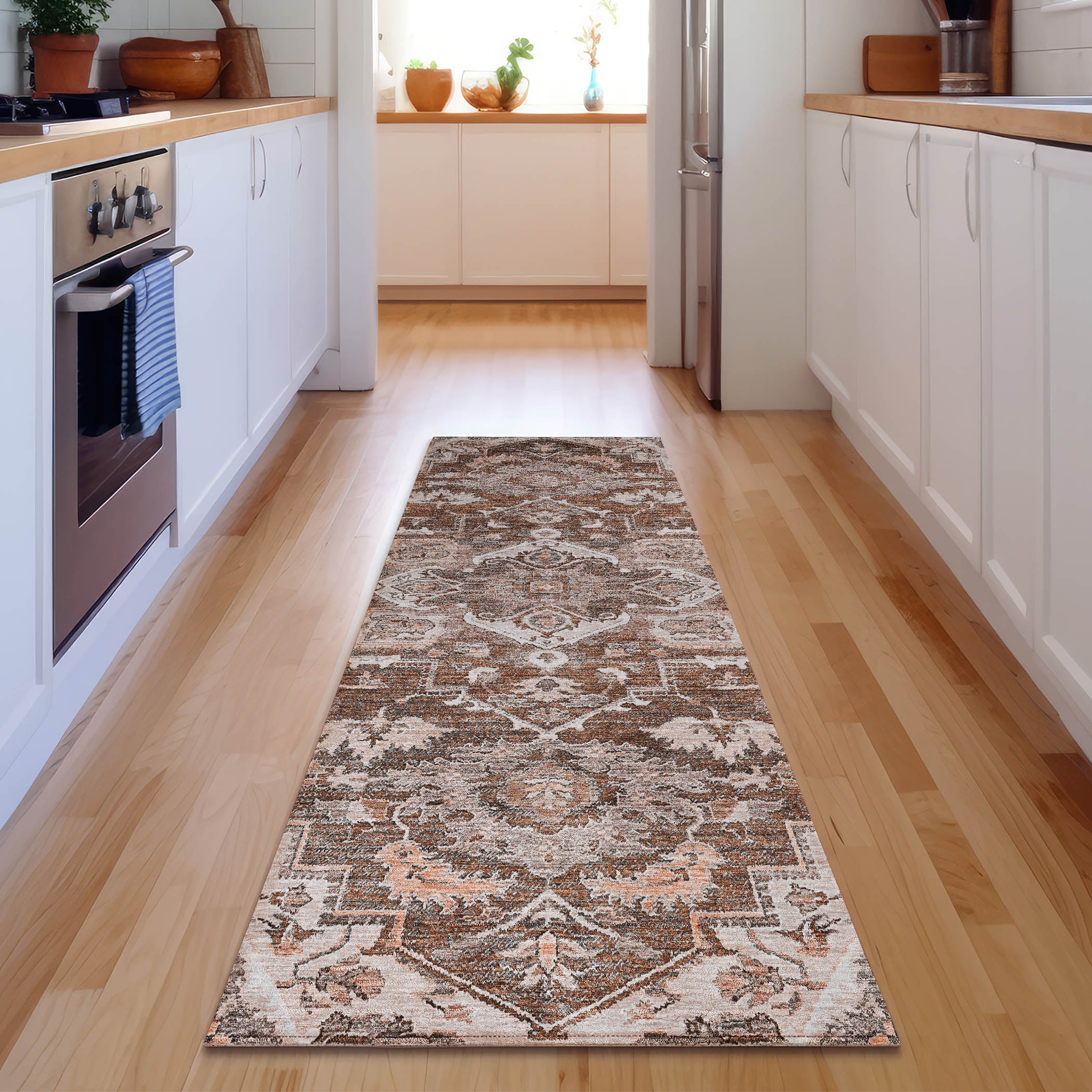 Zanzibar Machine Washable Traditional Terracotta Orange Rug 2'3" x 7'6" #shape_Runner