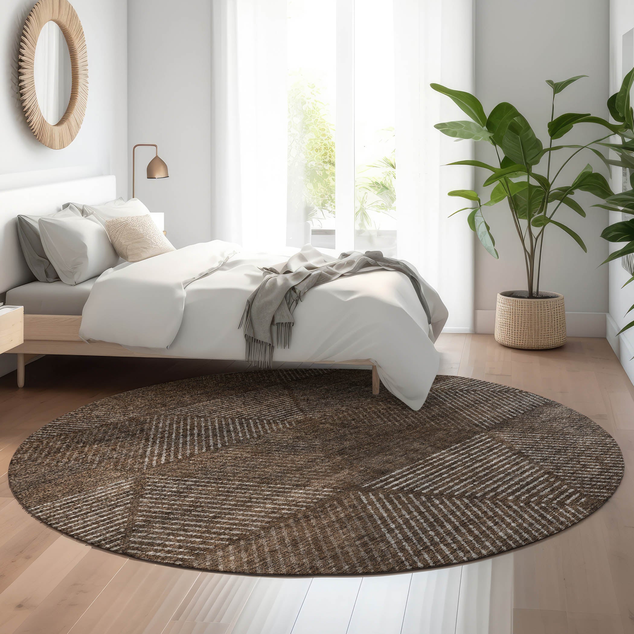 Colombo Machine Washable Transitional Brown Rug 8' x 8' #shape_Round