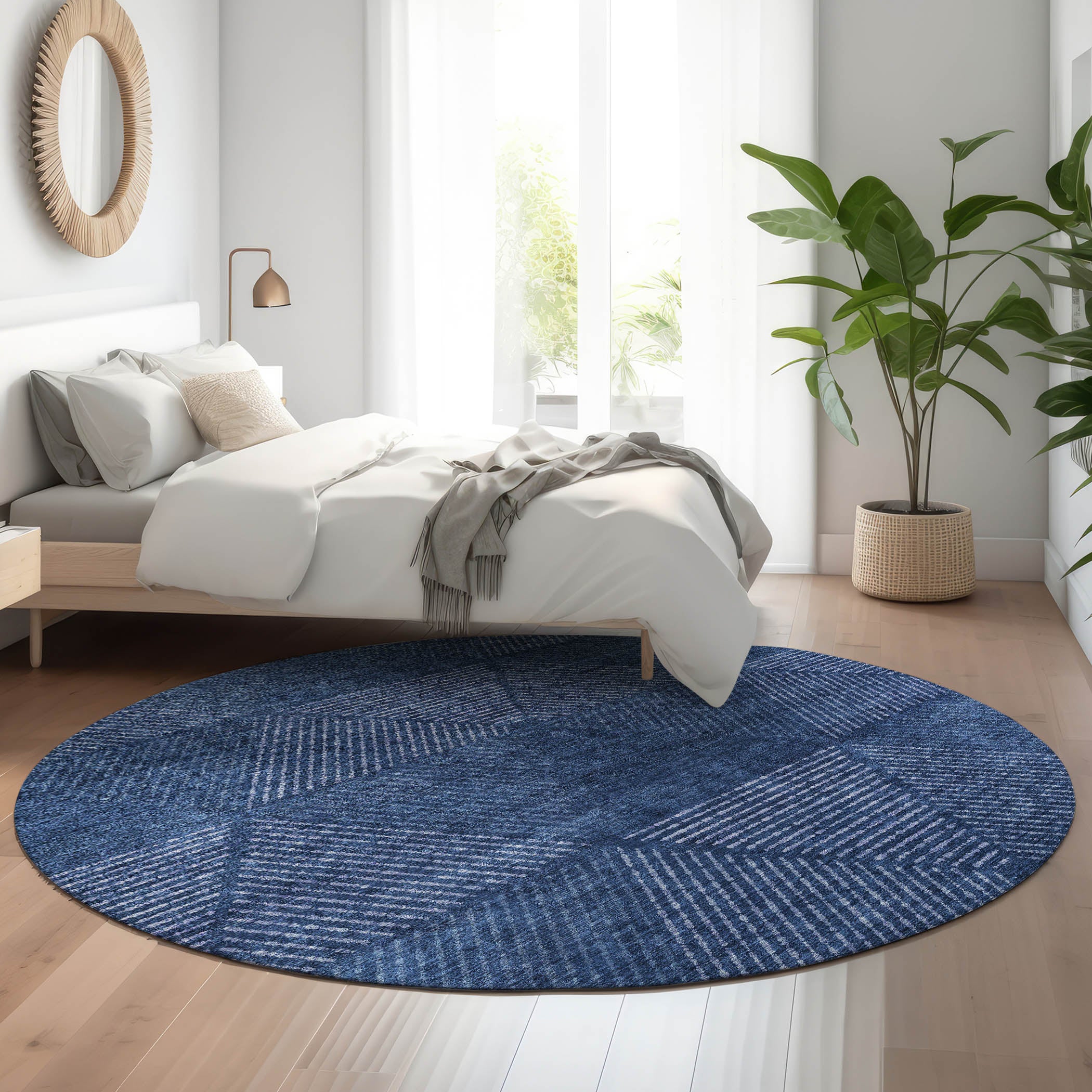 Colombo Machine Washable Transitional Navy Blue Rug 8' x 8' #shape_Round