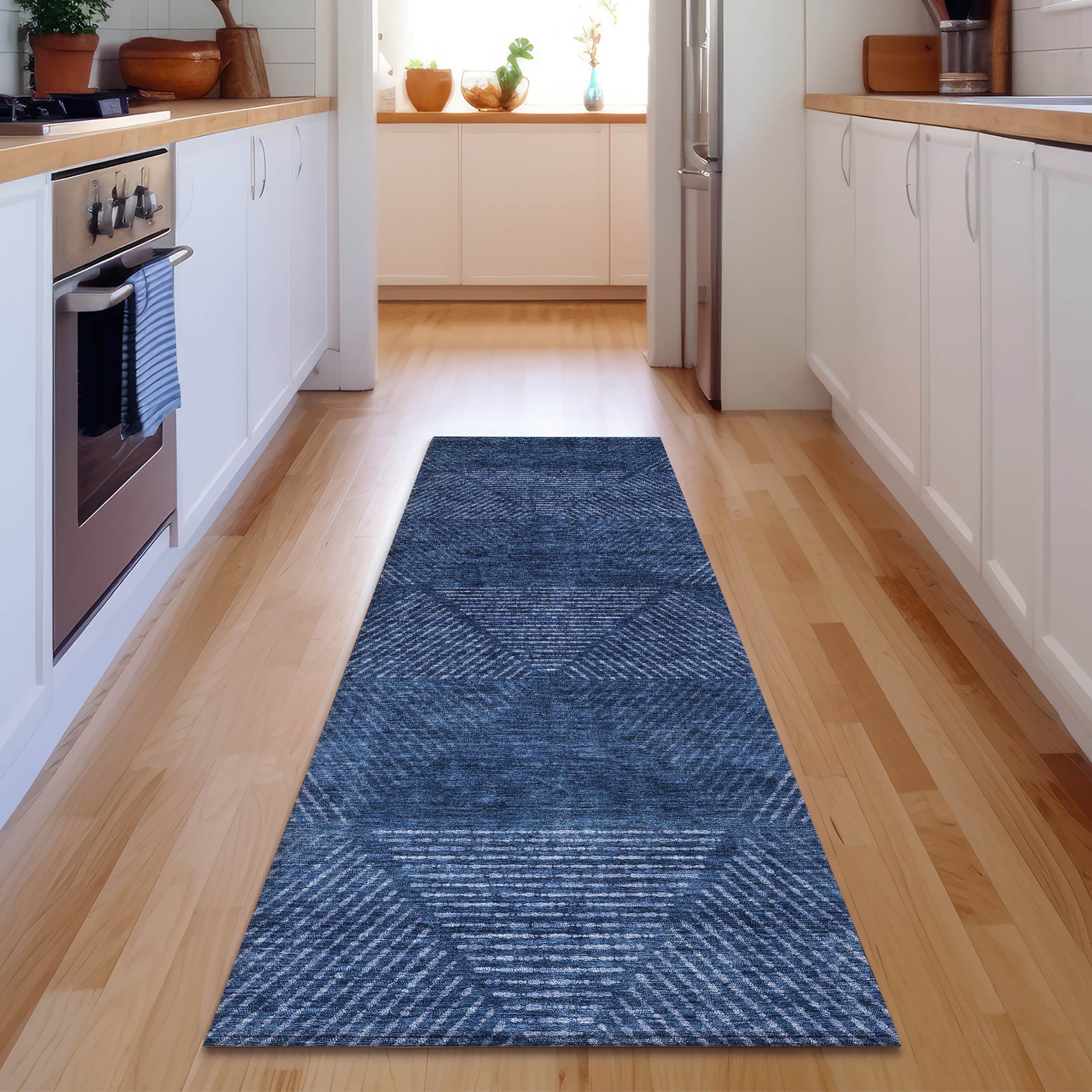 Colombo Machine Washable Transitional Navy Blue Rug 2'3" x 7'6" #shape_Runner