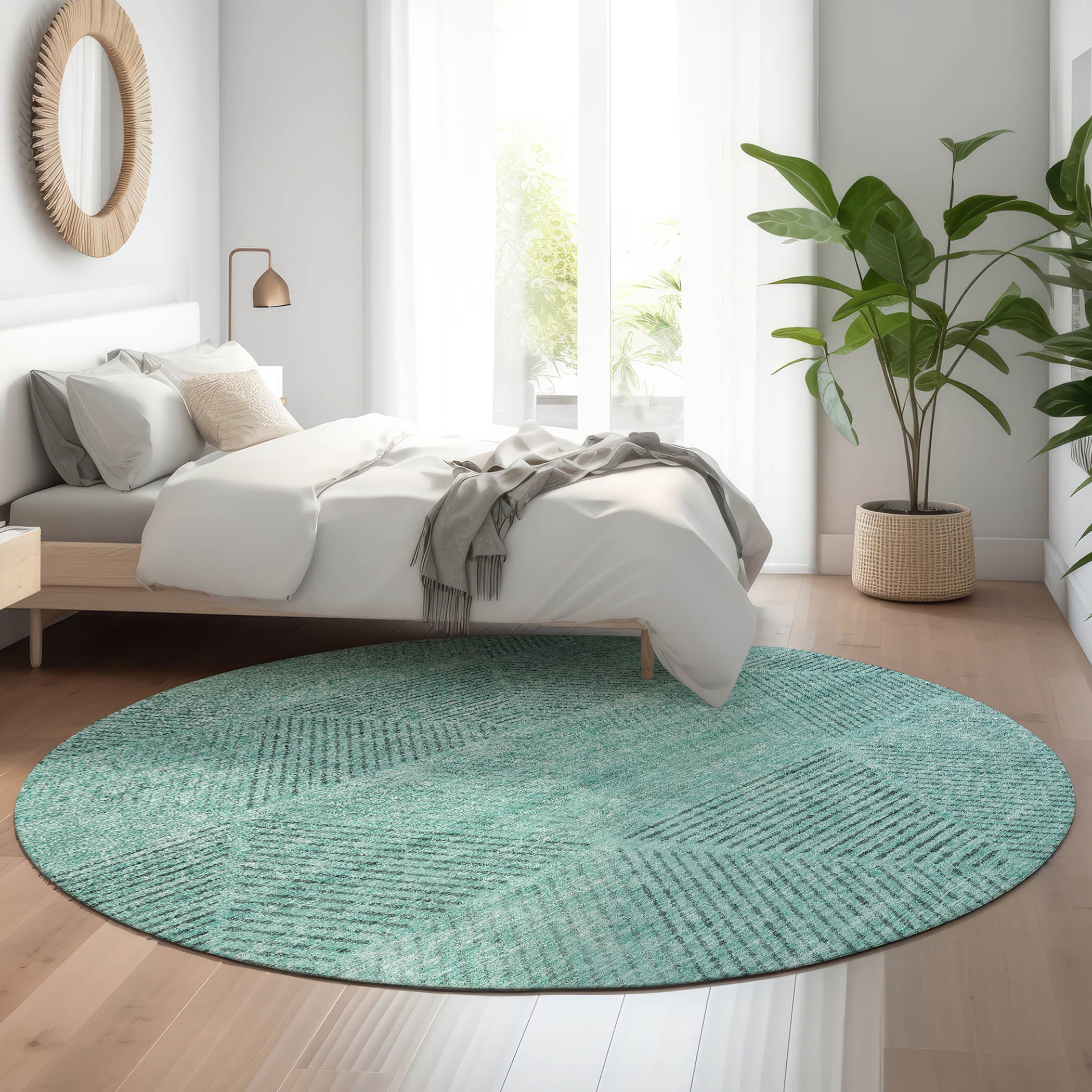 Colombo Machine Washable Transitional Teal Rug 8' x 8' #shape_Round