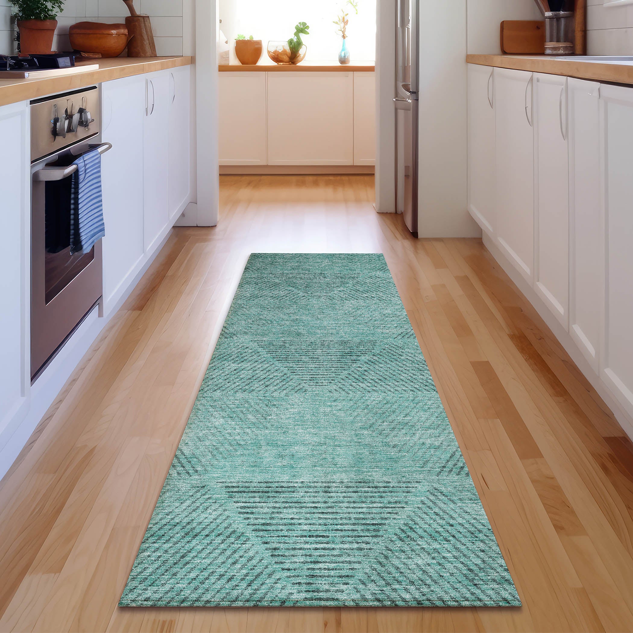 Colombo Machine Washable Transitional Teal Rug 2'3" x 7'6" #shape_Runner