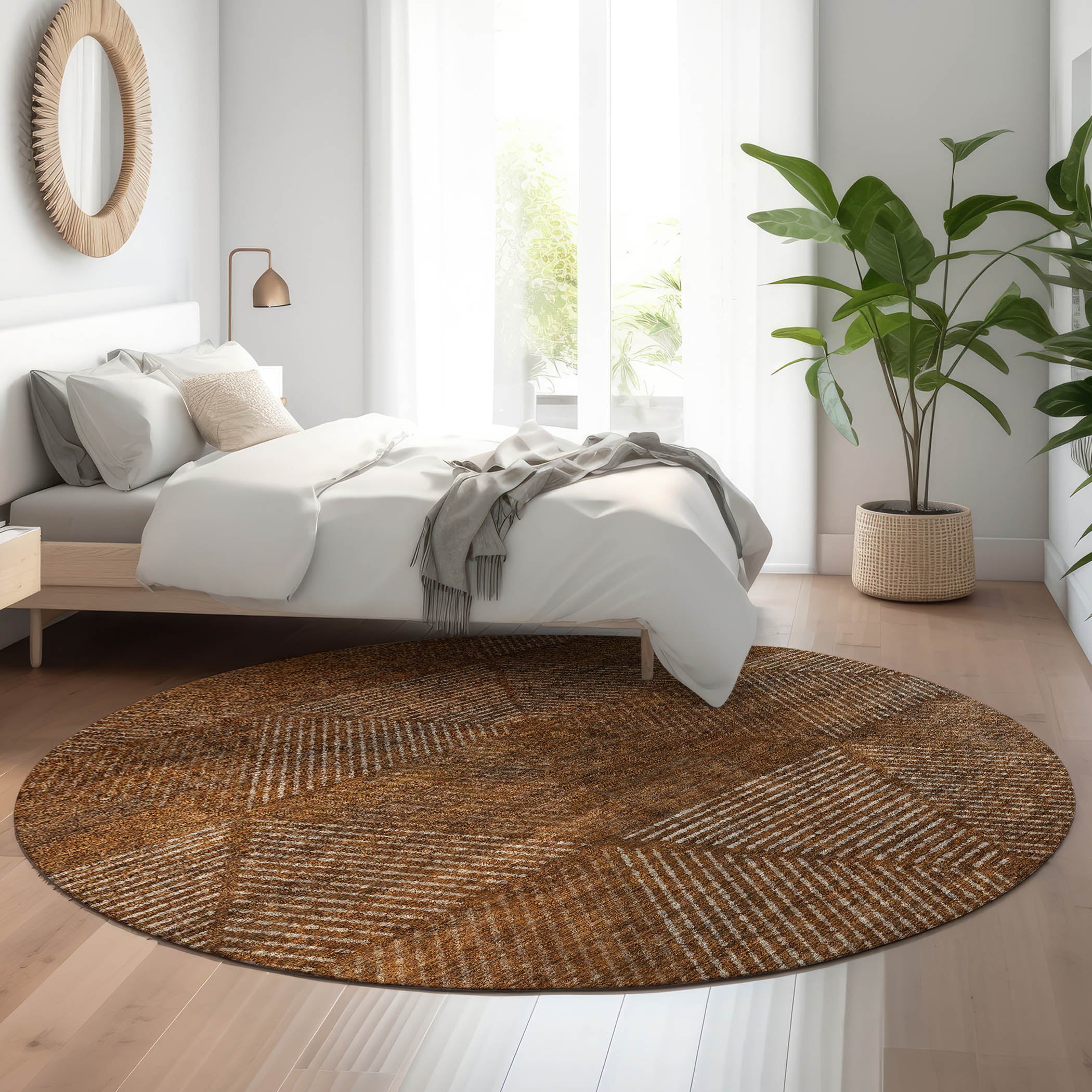 Colombo Machine Washable Transitional Terracotta Orange Rug 8' x 8' #shape_Round