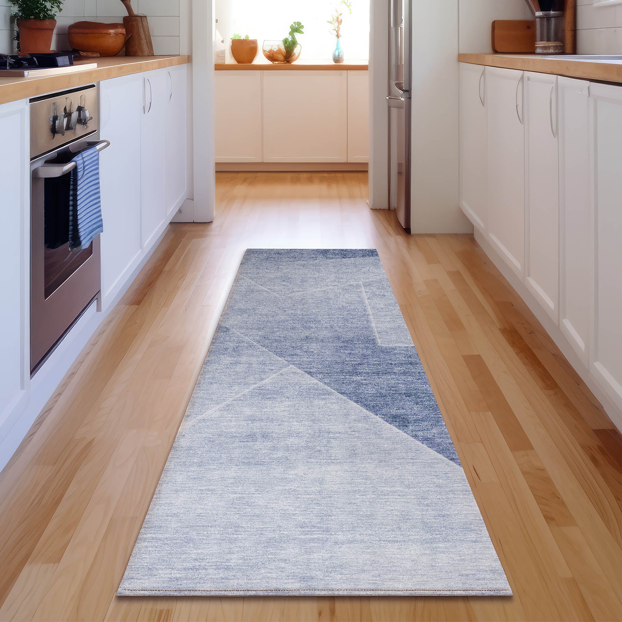 Bogota Machine Washable Transitional Blue Rug 2'3" x 7'6" #shape_Runner