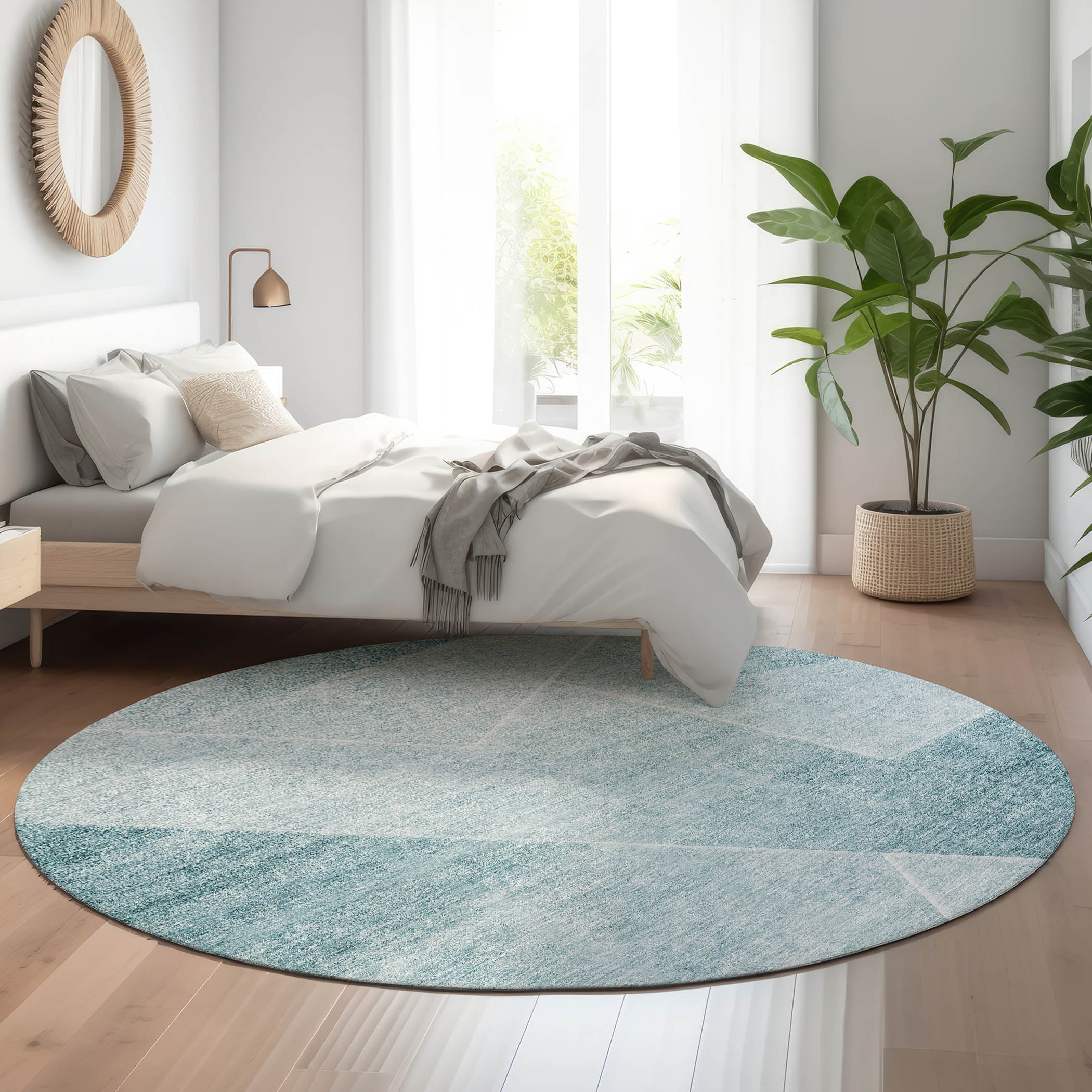 Bogota Machine Washable Transitional Teal Rug 8' x 8' #shape_Round