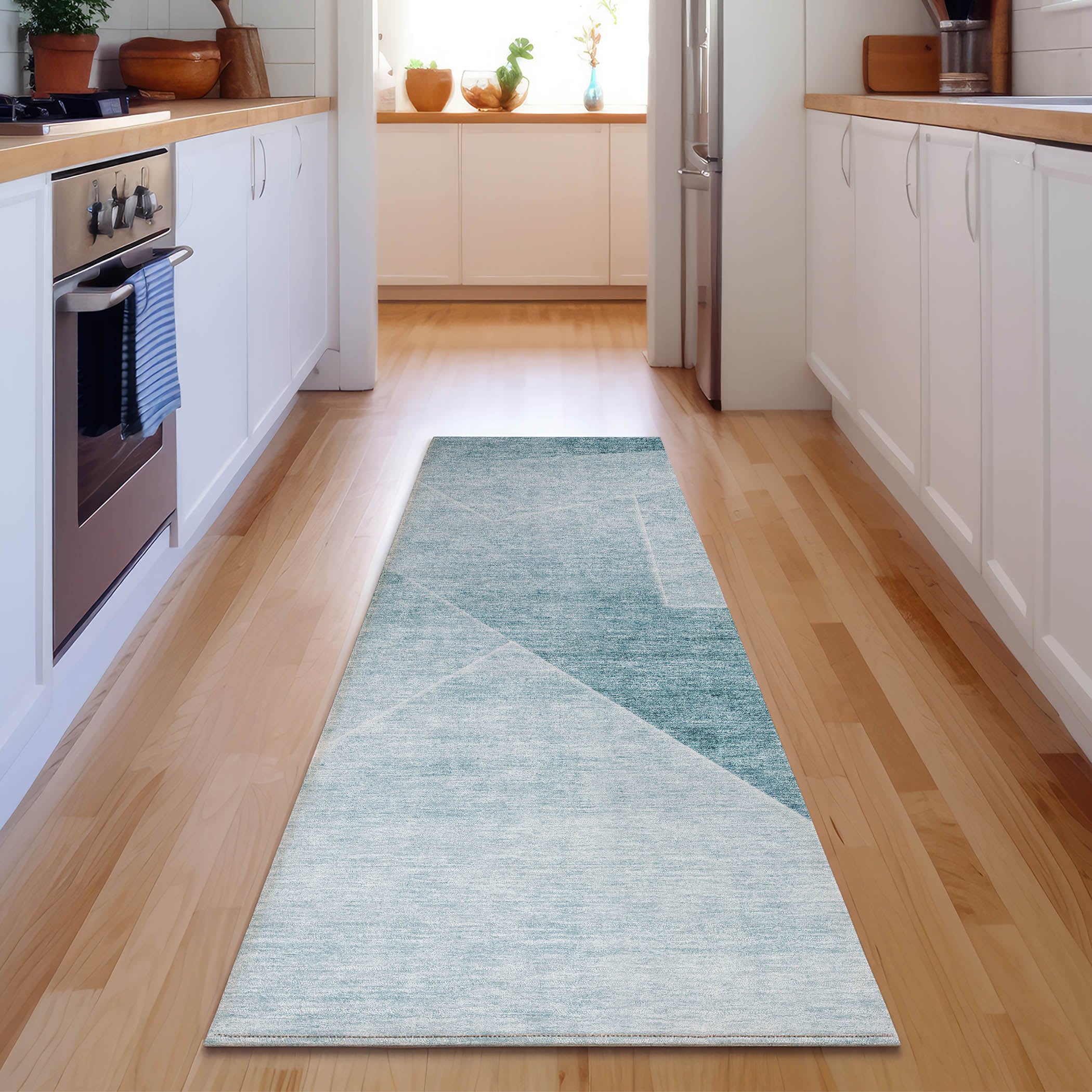 Bogota Machine Washable Transitional Teal Rug 2'3" x 7'6" #shape_Runner