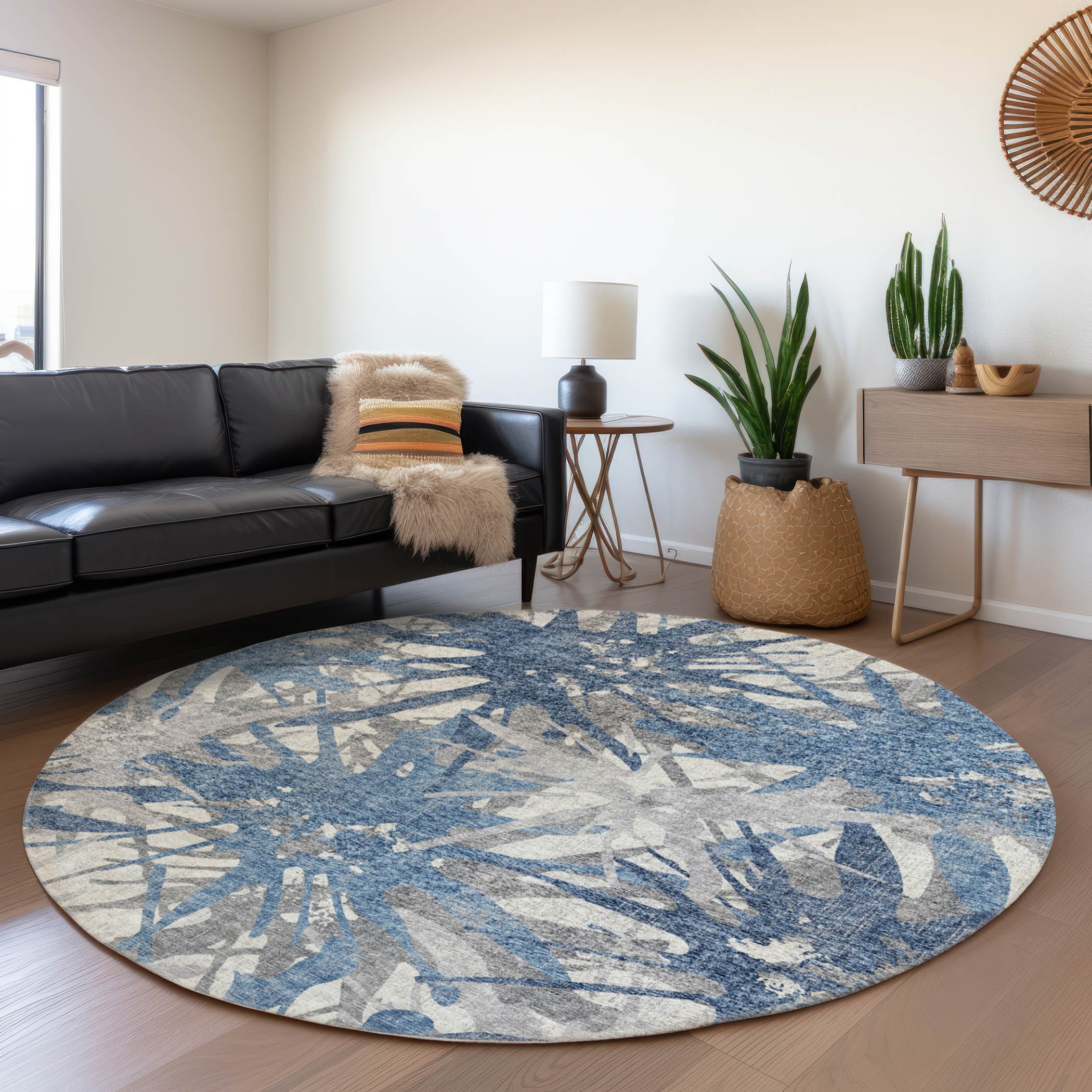Lisbon Machine Washable Transitional Blue Rug 8' x 8' #shape_Round