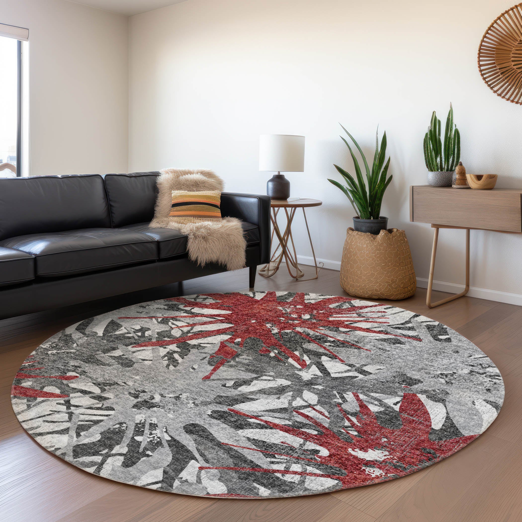Lisbon Machine Washable Transitional Red Rug 8' x 8' #shape_Round