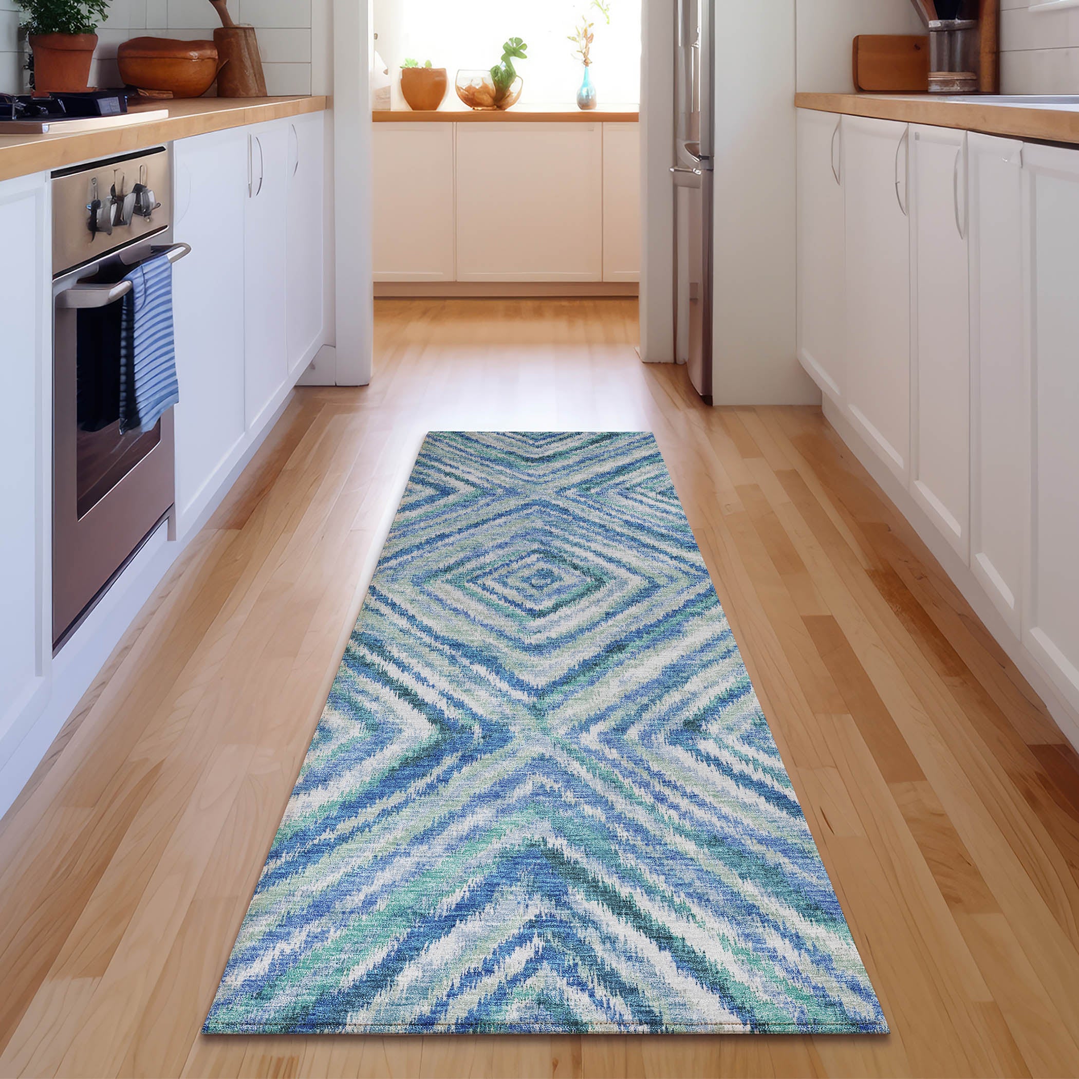 Bruges Machine Washable Transitional Blue Rug 2'3" x 7'6" #shape_Runner