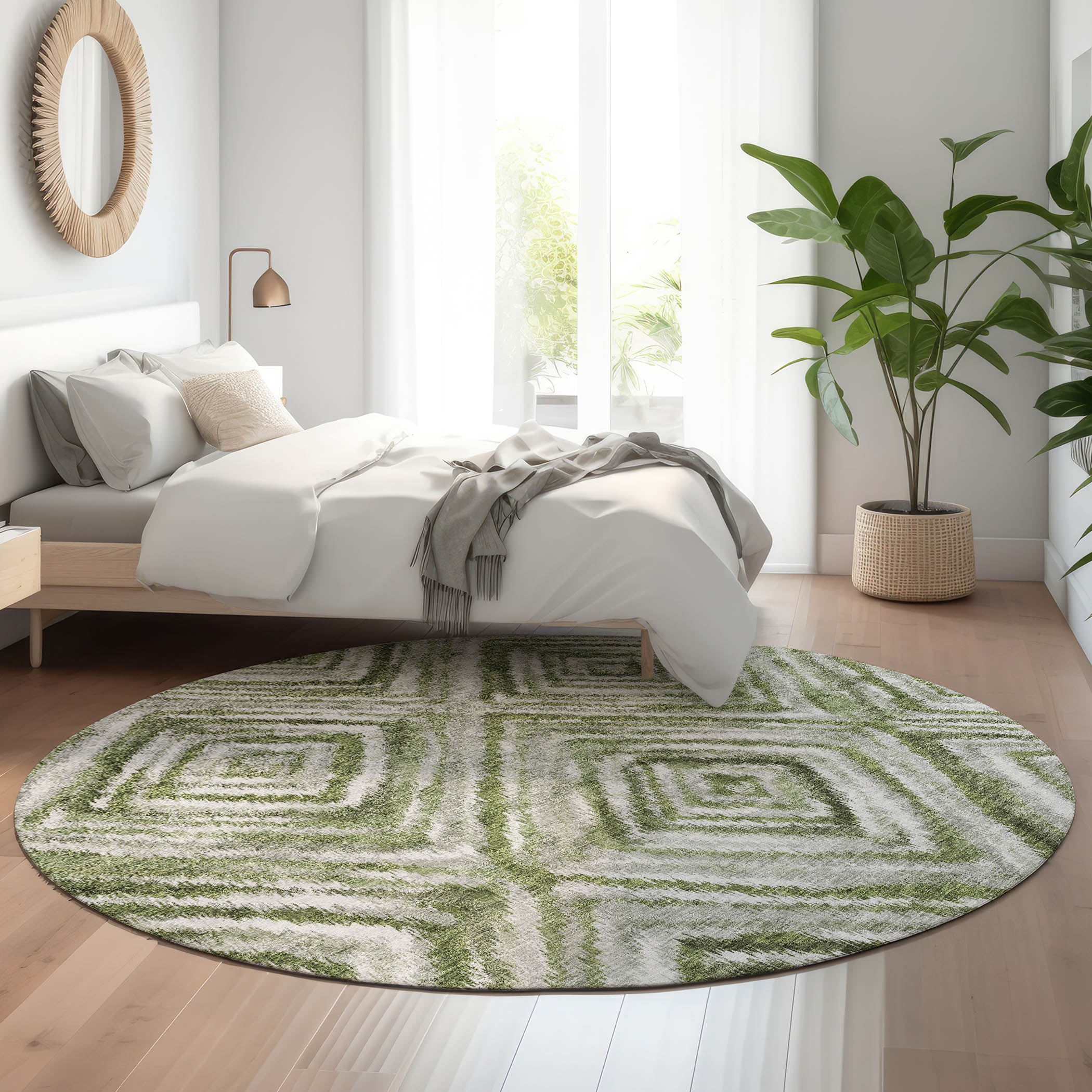 Cartagena Machine Washable Transitional Aloe Green Rug 8' x 8' #shape_Round
