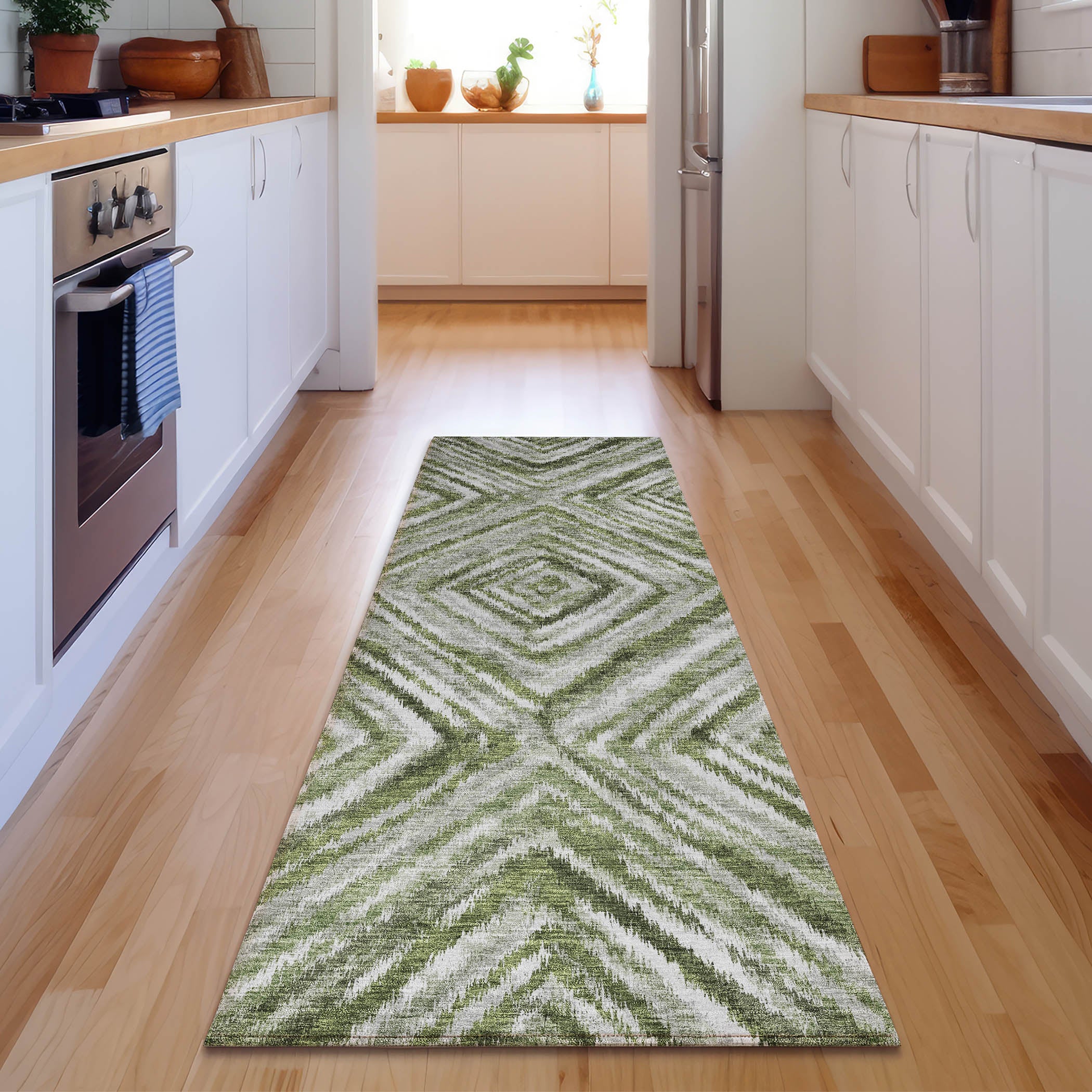 Cartagena Machine Washable Transitional Aloe Green Rug 2'3" x 7'6" #shape_Runner