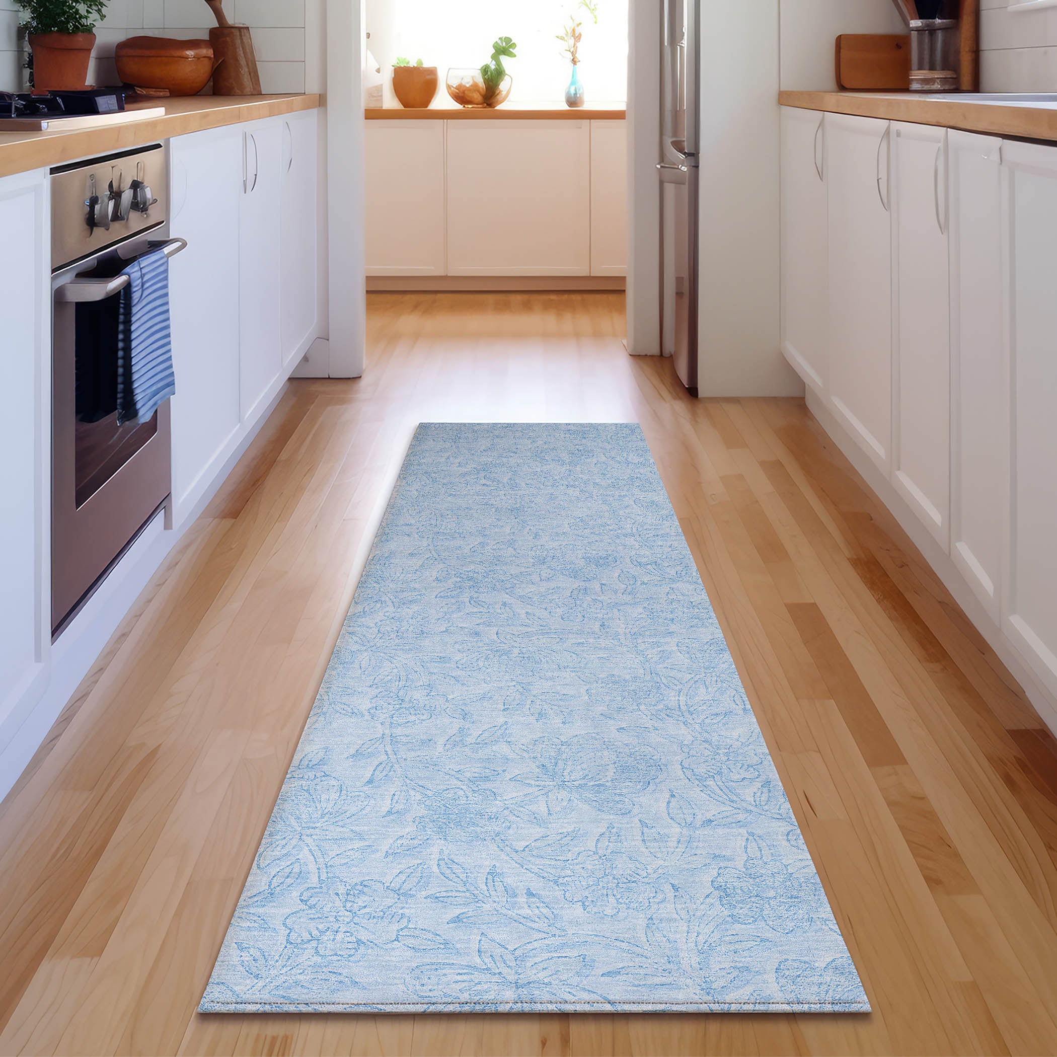 Cusco Machine Washable Transitional Sky Blue Rug 2'3" x 7'6" #shape_Runner