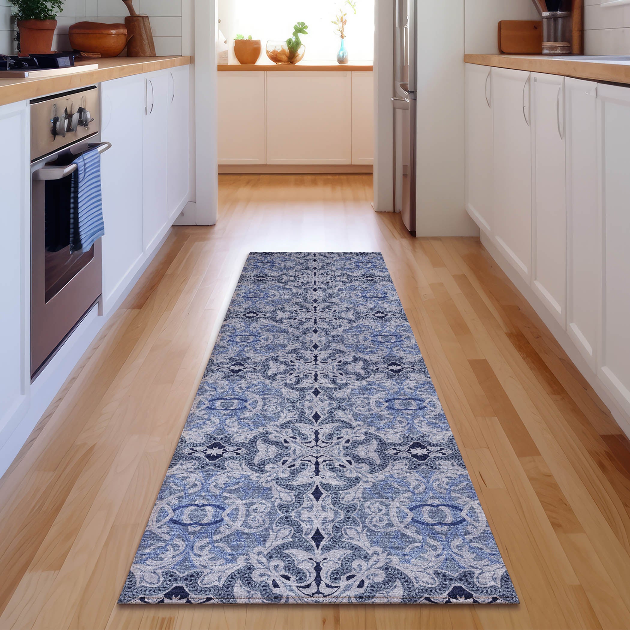 Seville Machine Washable Transitional Blue Rug 2'3" x 7'6" #shape_Runner