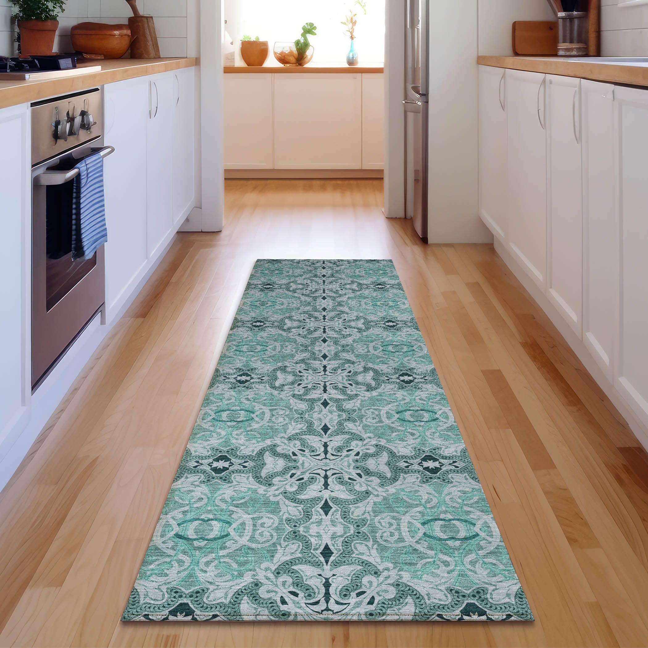 Seville Machine Washable Transitional Teal Rug 2'3" x 7'6" #shape_Runner